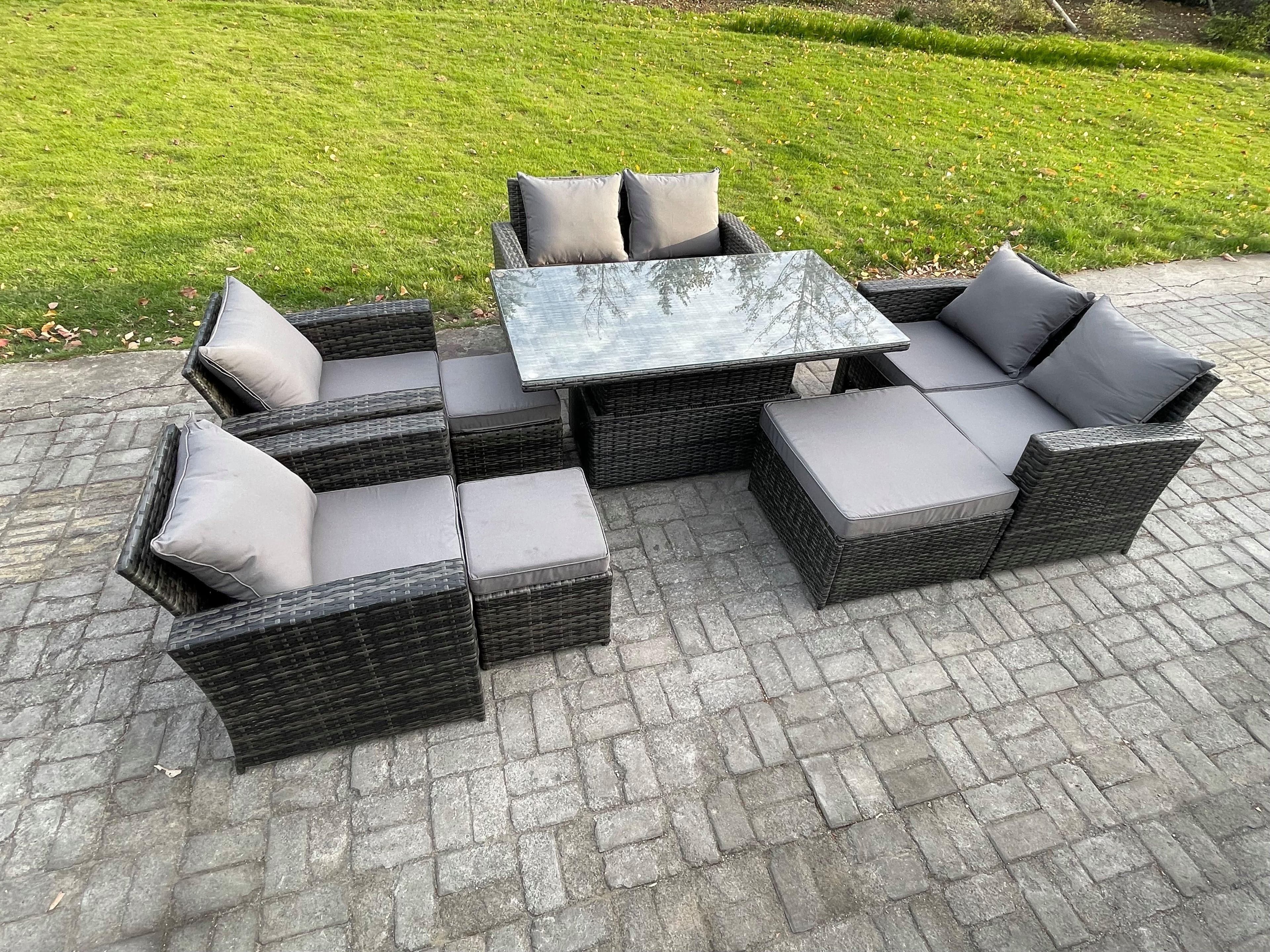 Outdoor Garden Furniture Sets 8 Pieces Wicker Rattan Furniture Sofa Dining Table Set 3 Footstools Dark Grey Mixed