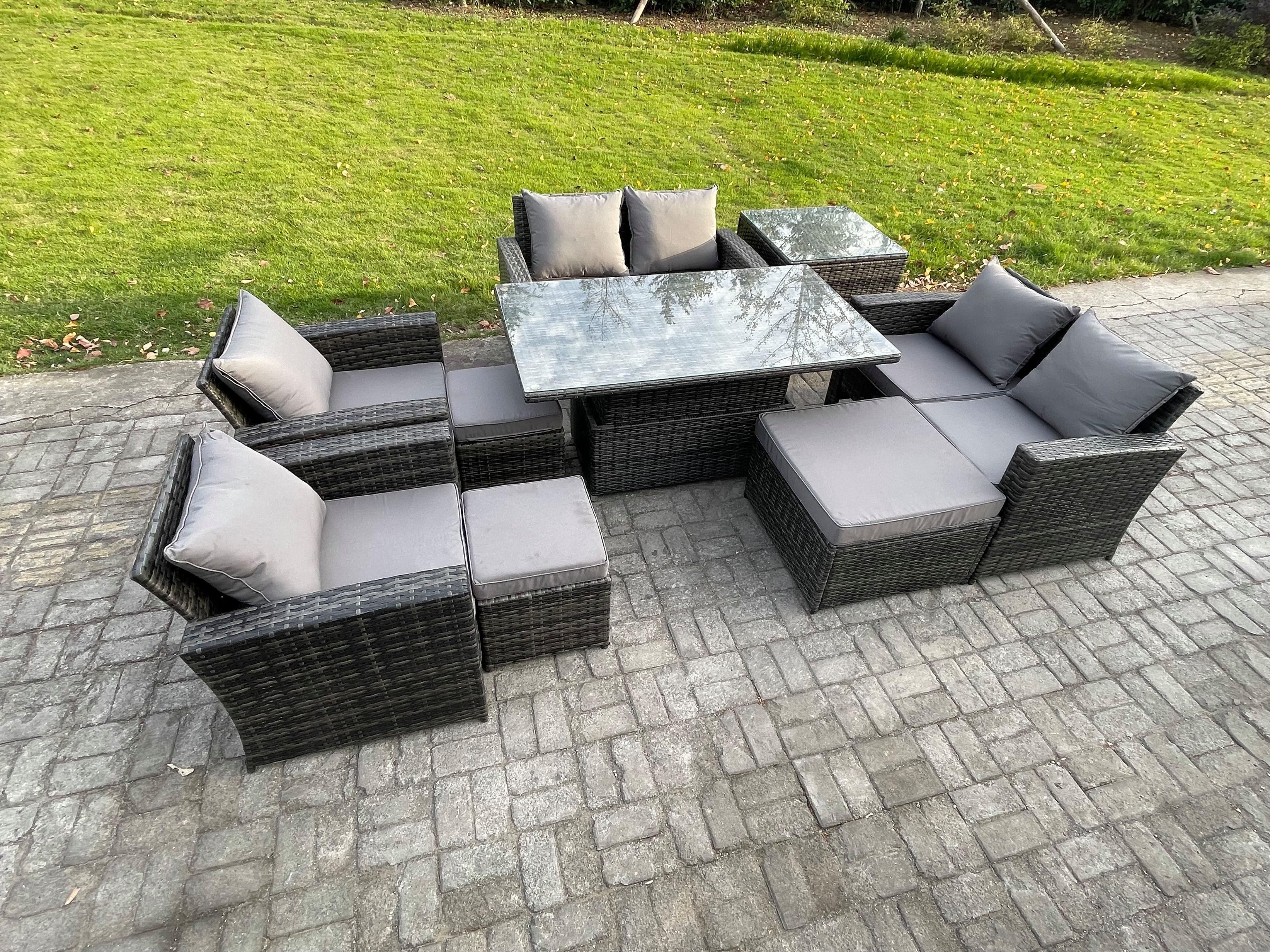 Outdoor Garden Furniture Sets 9 Pieces Wicker Rattan Furniture Sofa Dining Table Set 3 Footstools Side Table