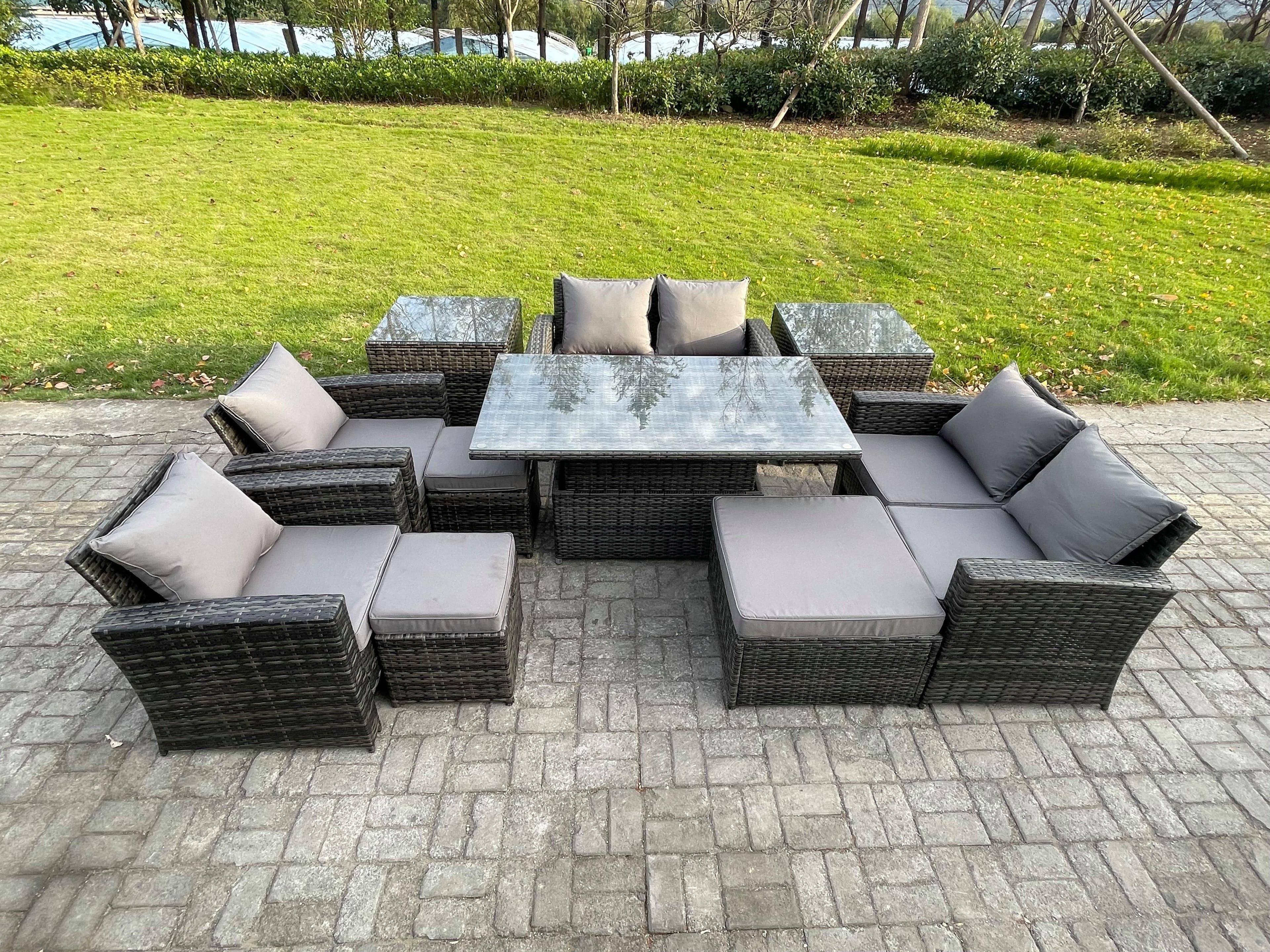 Outdoor Garden Furniture Sets 10 Pieces Wicker Rattan Furniture Sofa Dining Table Set 3 Footstools 2 Side Tables