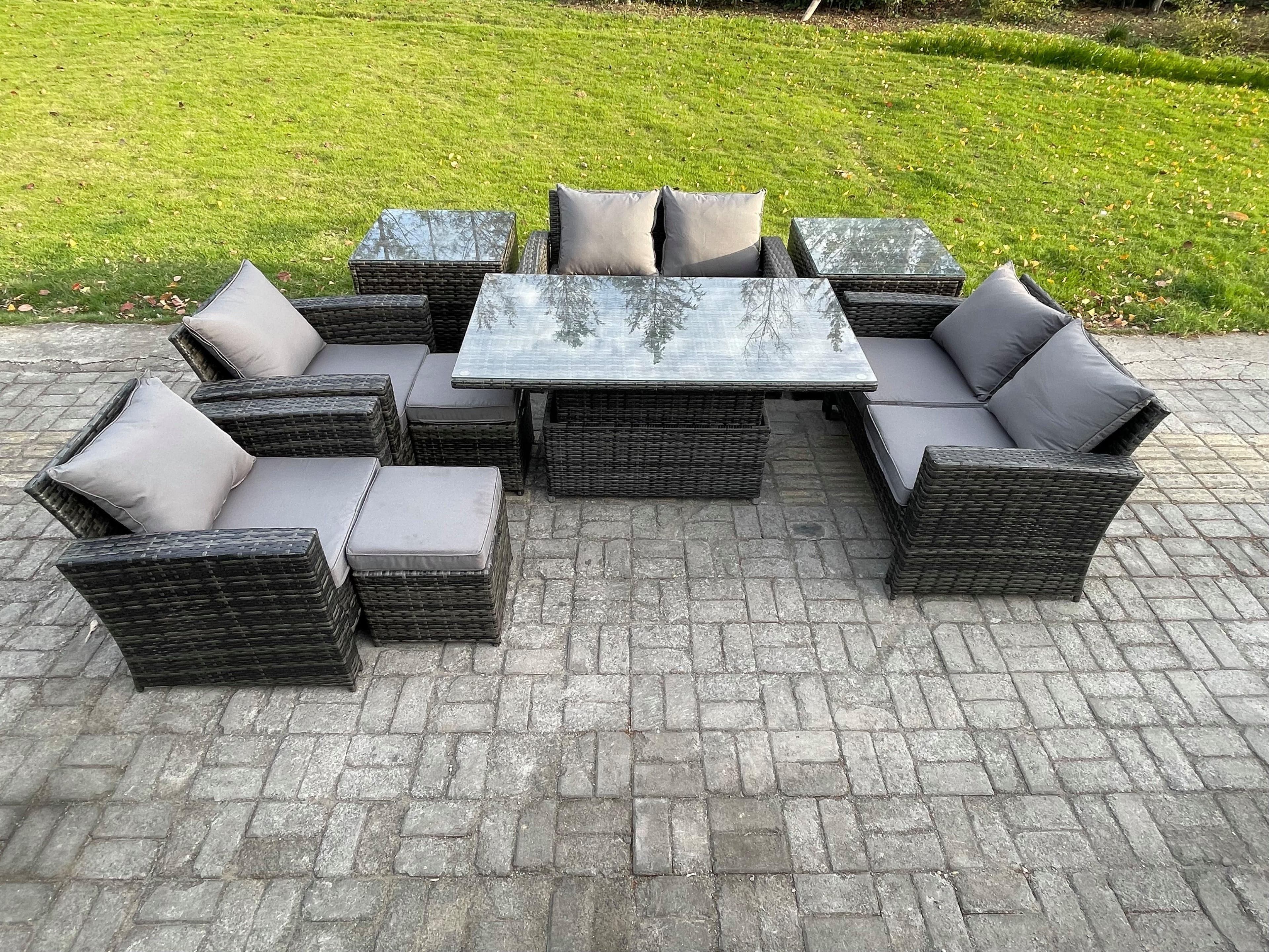 Outdoor Garden Furniture Sets 9 Pieces Wicker Rattan Furniture Sofa Dining Table Set 2 Small Footstools 2 Side Table