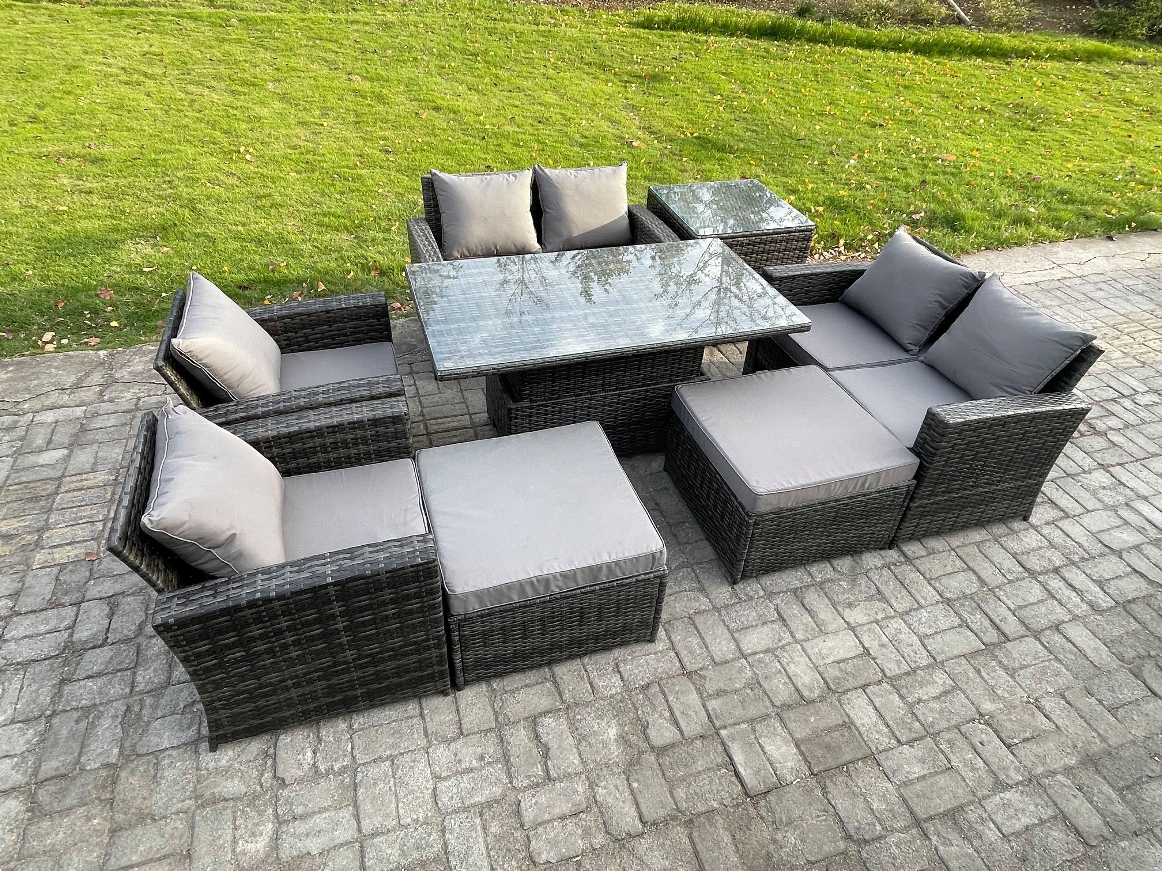 Outdoor Garden Furniture Sets 8 Pieces Wicker Rattan Furniture Sofa Dining Table Set 2 Big Footstool Side Table