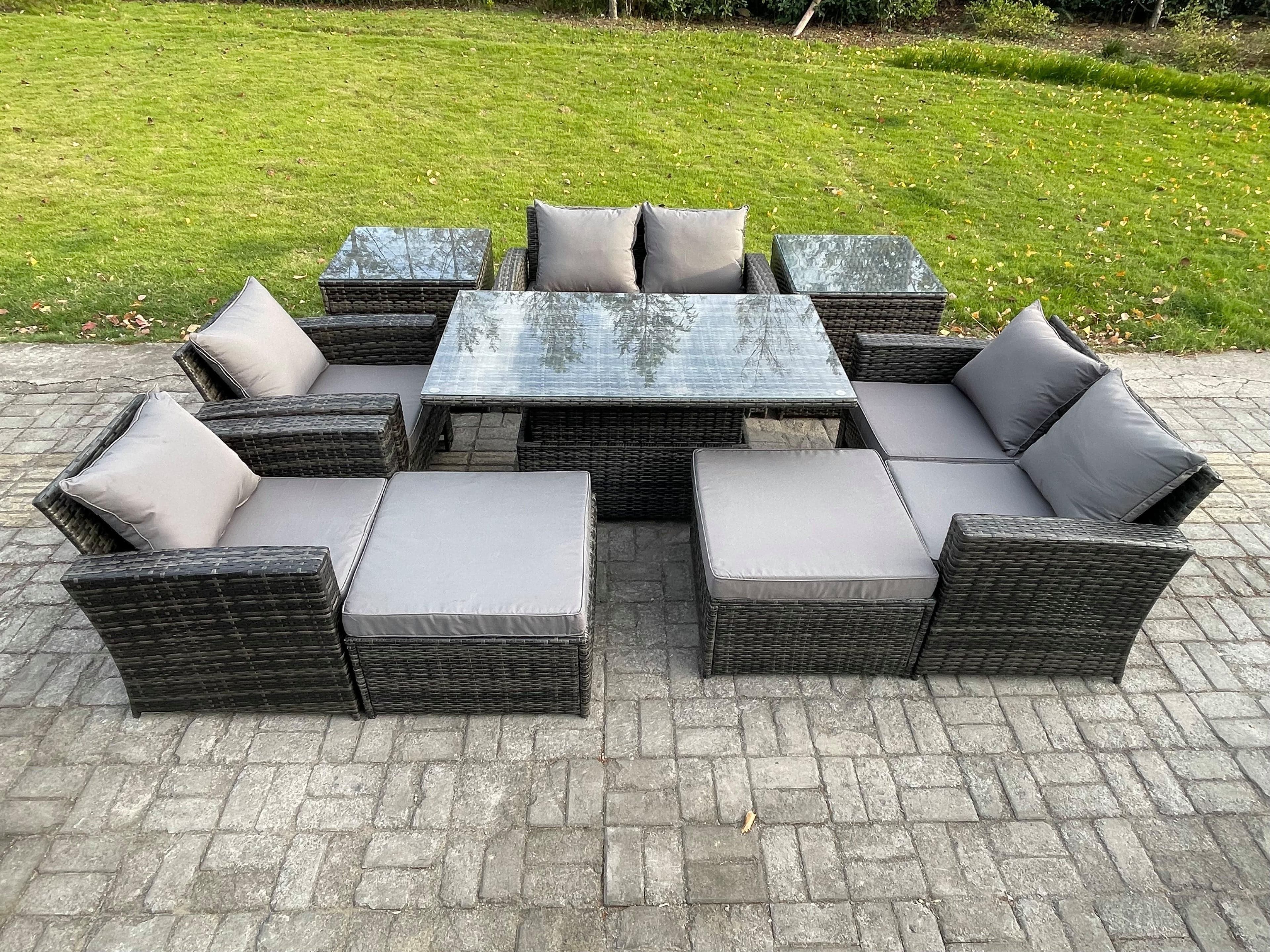 Outdoor Garden Furniture Sets 9 Pieces Wicker Rattan Furniture Sofa Dining Table Set 2 Big Footstool 2 Side Tables