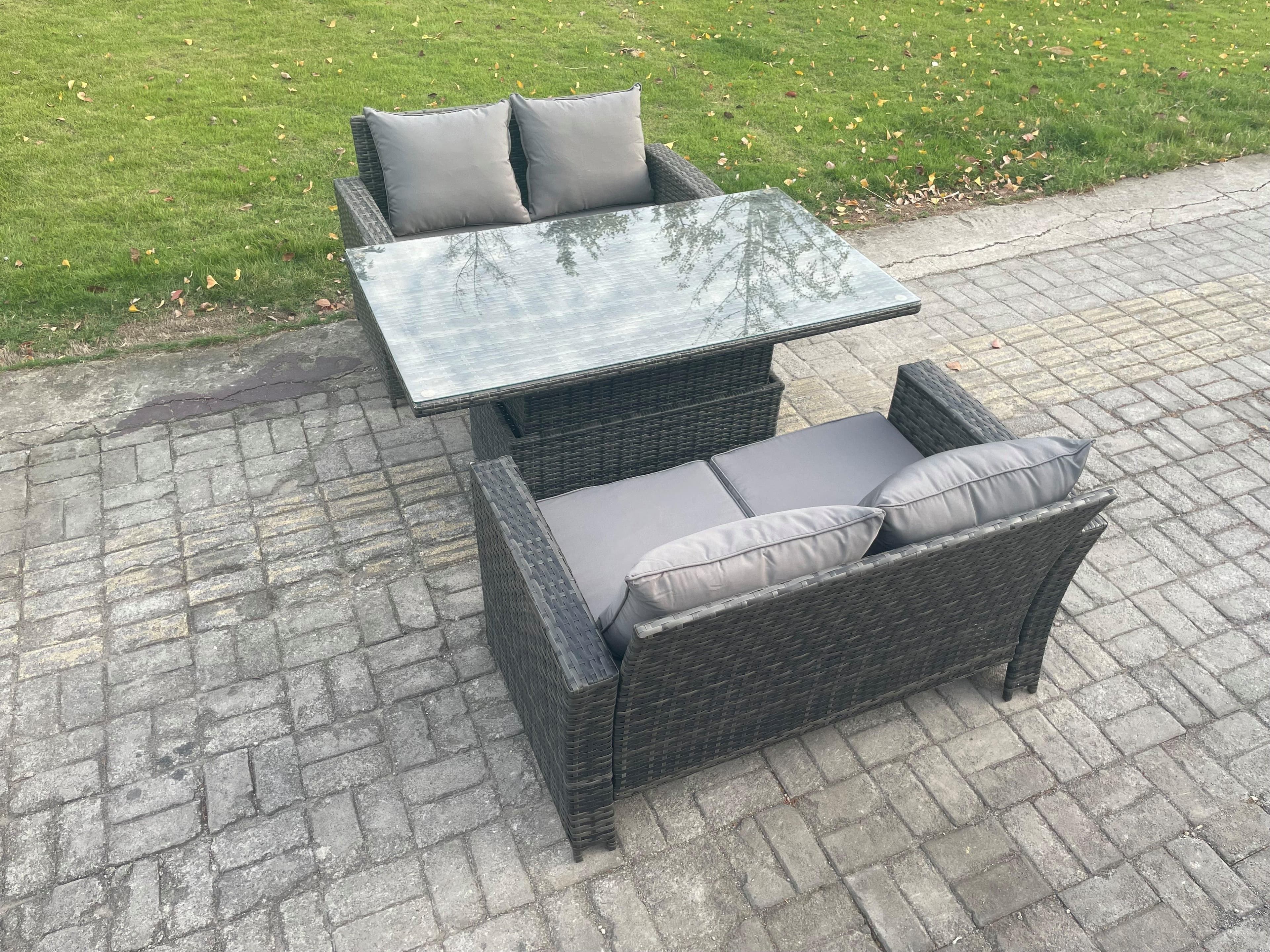 3 Pieces Garden Furniture Sets Poly Rattan Outdoor Patio Height Adjustable Rising Lifting Table Sofa Dining Set