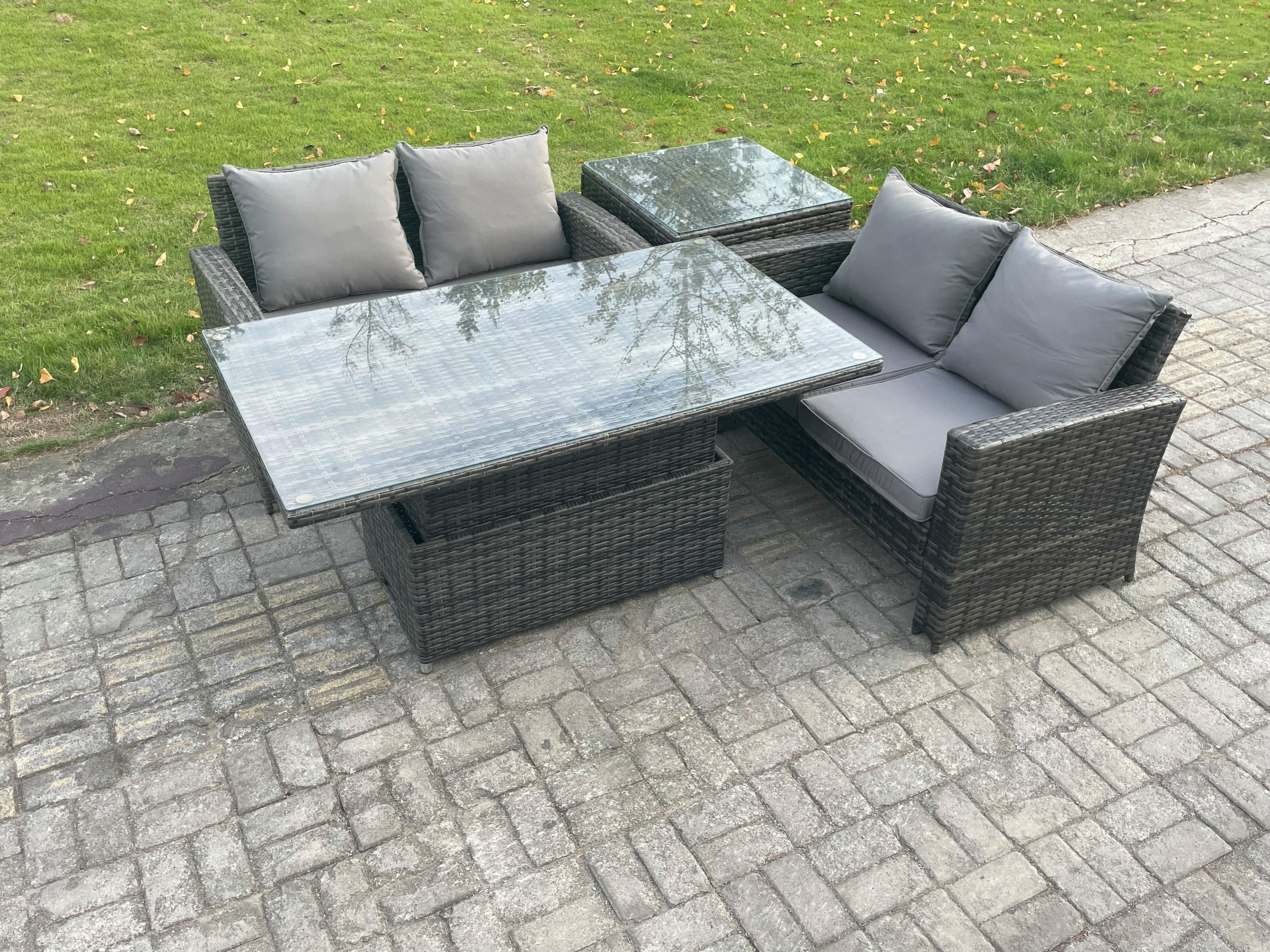 4 Pieces Garden Furniture Sets Poly Rattan Outdoor Patio Height Adjustable Rising Lifting Table Sofa Dining Set
