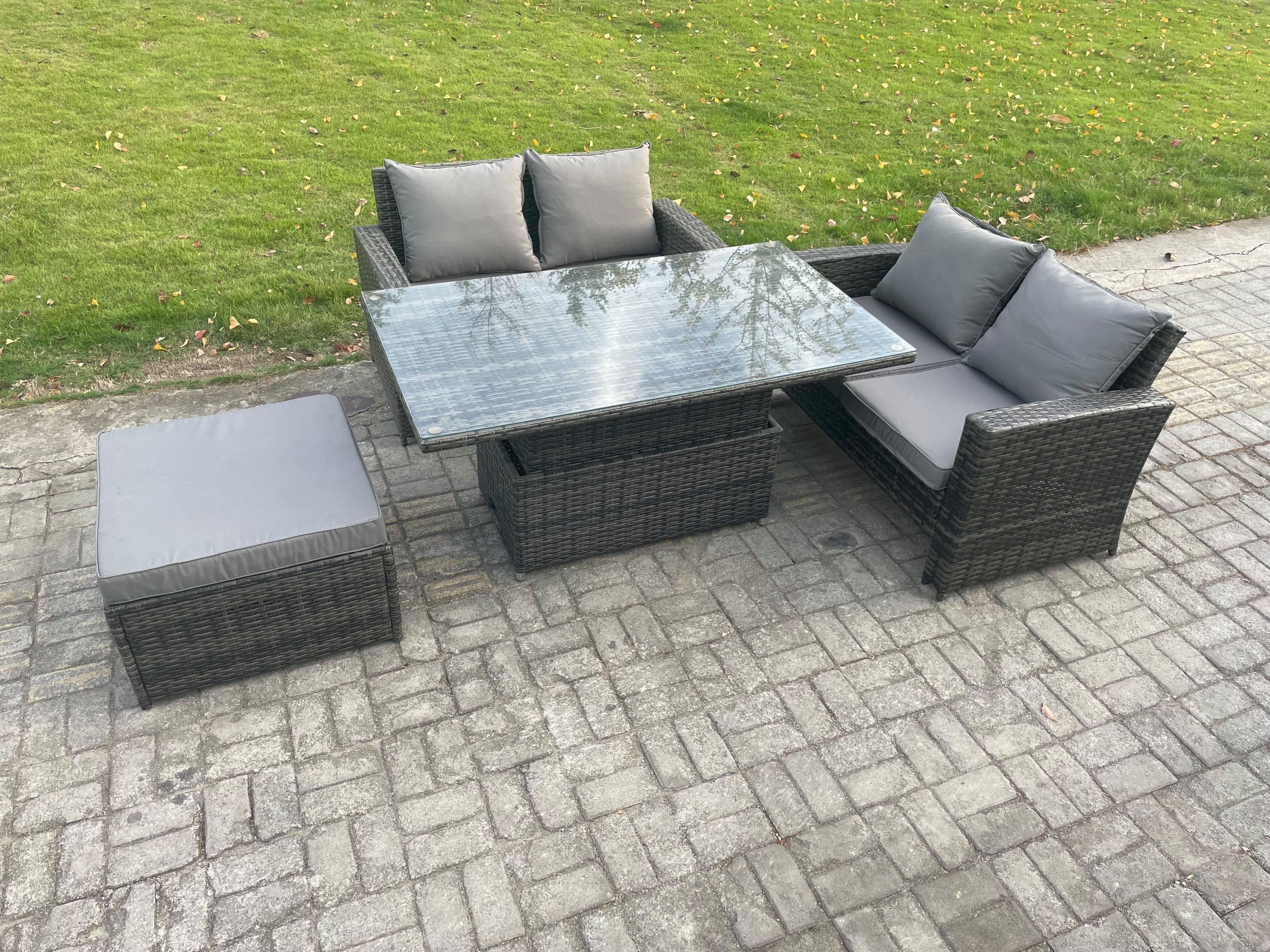 4 Pieces Garden Furniture Sets Rattan Outdoor Patio Height Adjustable Rising Lifting Table Sofa Dining Set