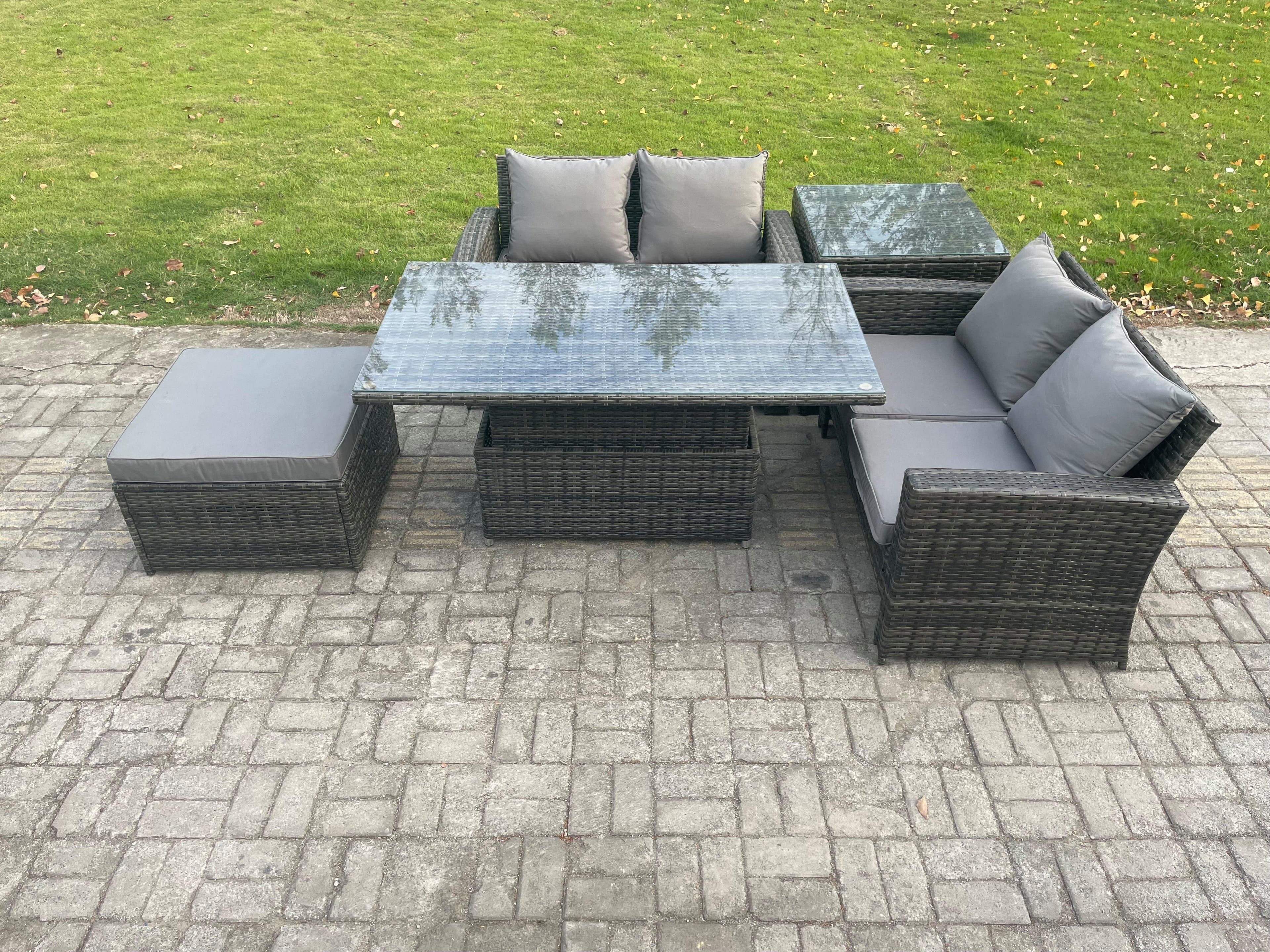 5 Pieces Garden Furniture Sets Poly Rattan Outdoor Patio Height Adjustable Rising Lifting Table Sofa Dining Set Side Table