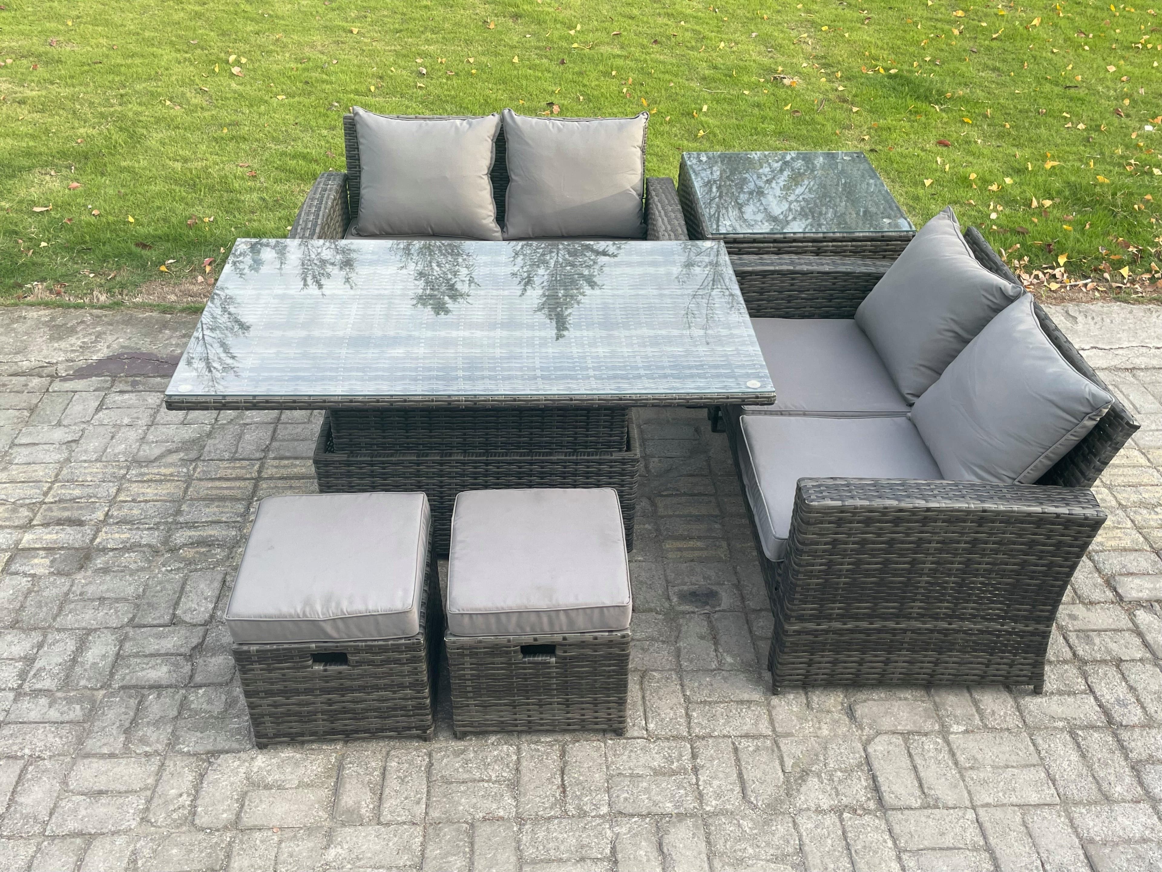 Garden Furniture Sets Poly Rattan Outdoor Patio Height Adjustable Rising Lifting Table Sofa Dining Set Side Table 2 Small Footstools