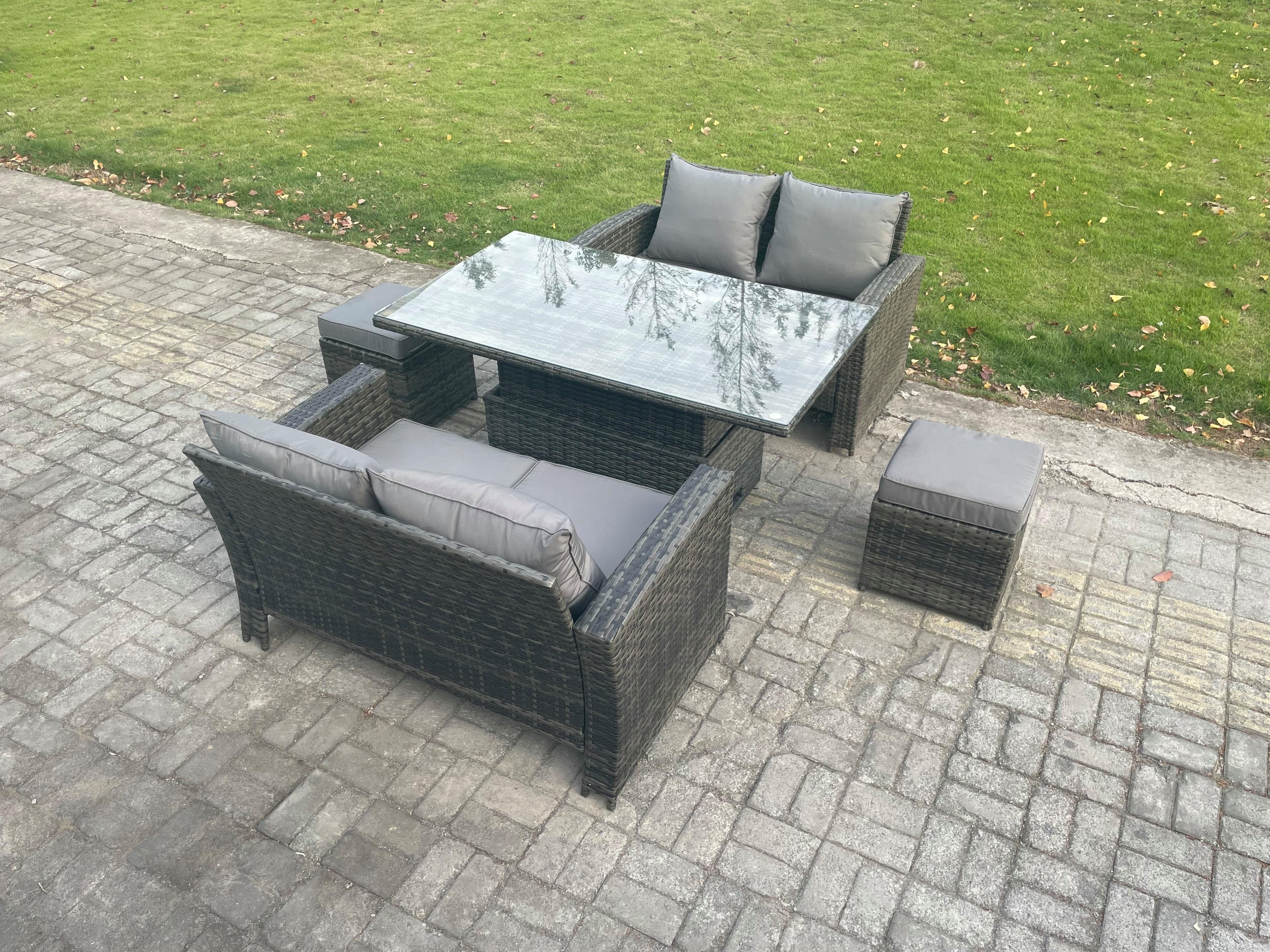 5 Pieces Garden Furniture Sets Poly Rattan Outdoor Patio Height Adjustable Rising Lifting Table Sofa Dining Set 2 Small Footstools