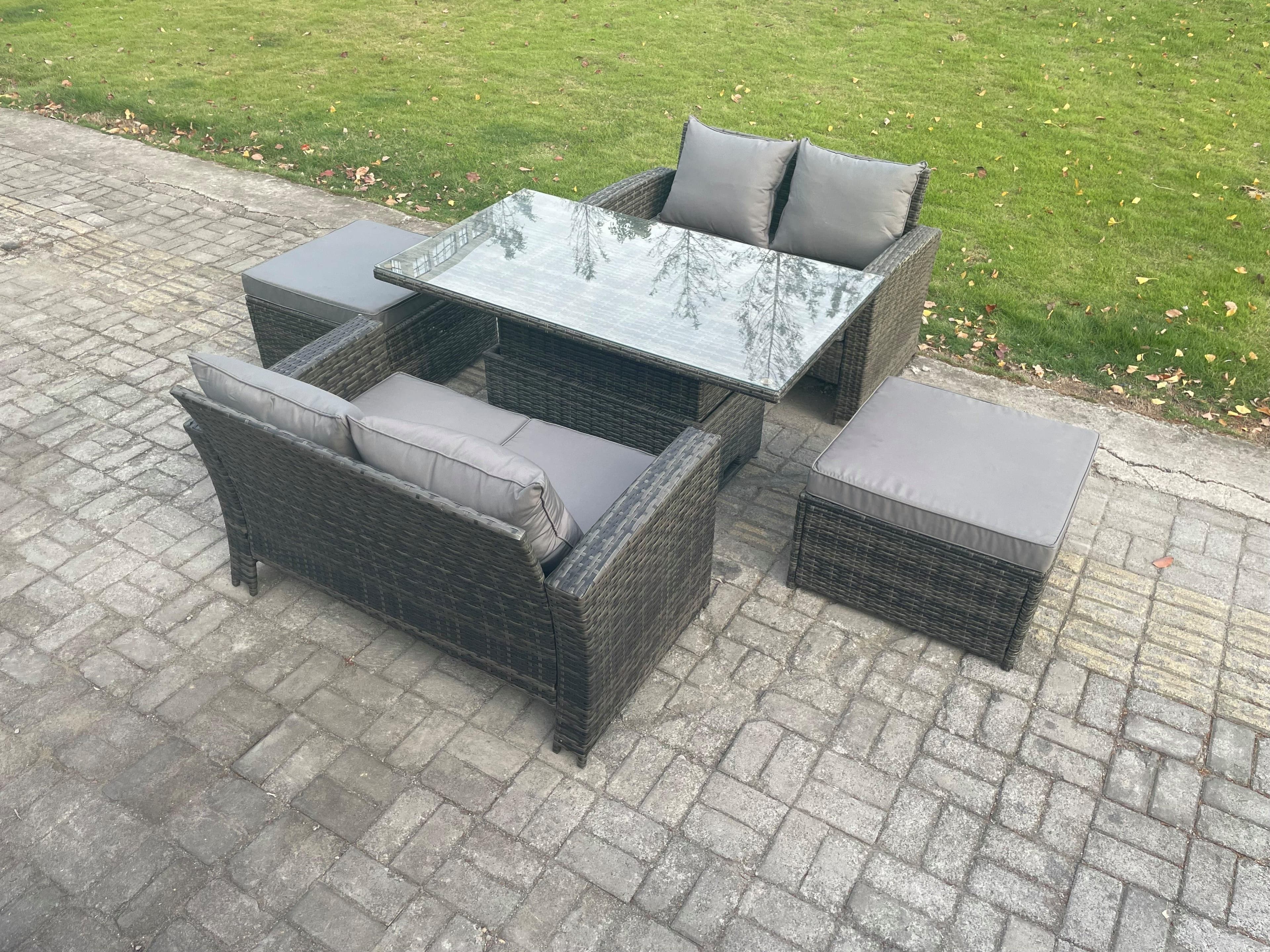 5 Pieces Garden Furniture Sets Poly Rattan Outdoor Patio Height Adjustable Rising Lifting Table Sofa Dining Set 2 Big Footstool