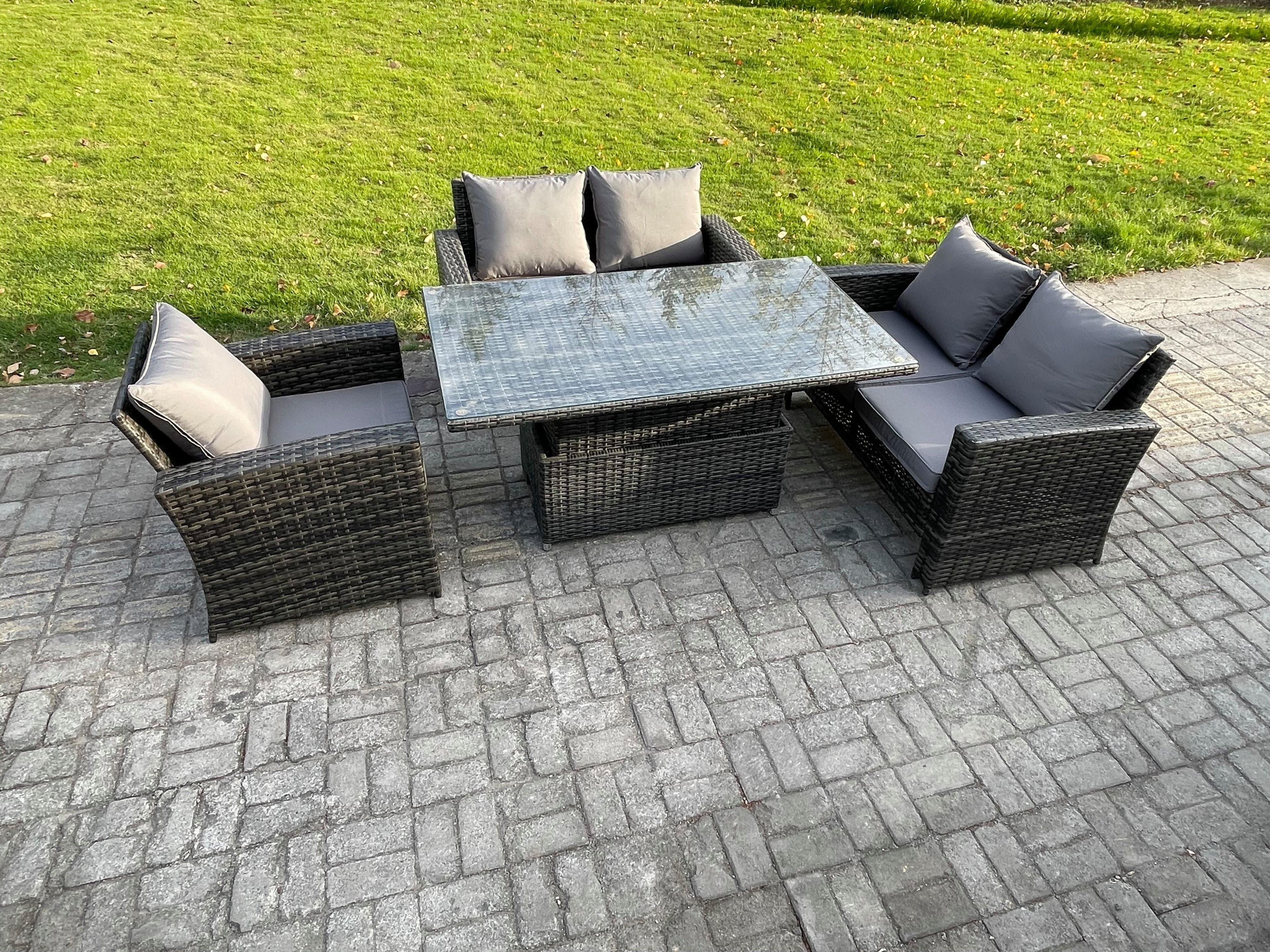 4pcs Rattan Outdoor Garden Furniture Sofa Set Height Adjustable Rising Lifting Table Dark Grey Mixed