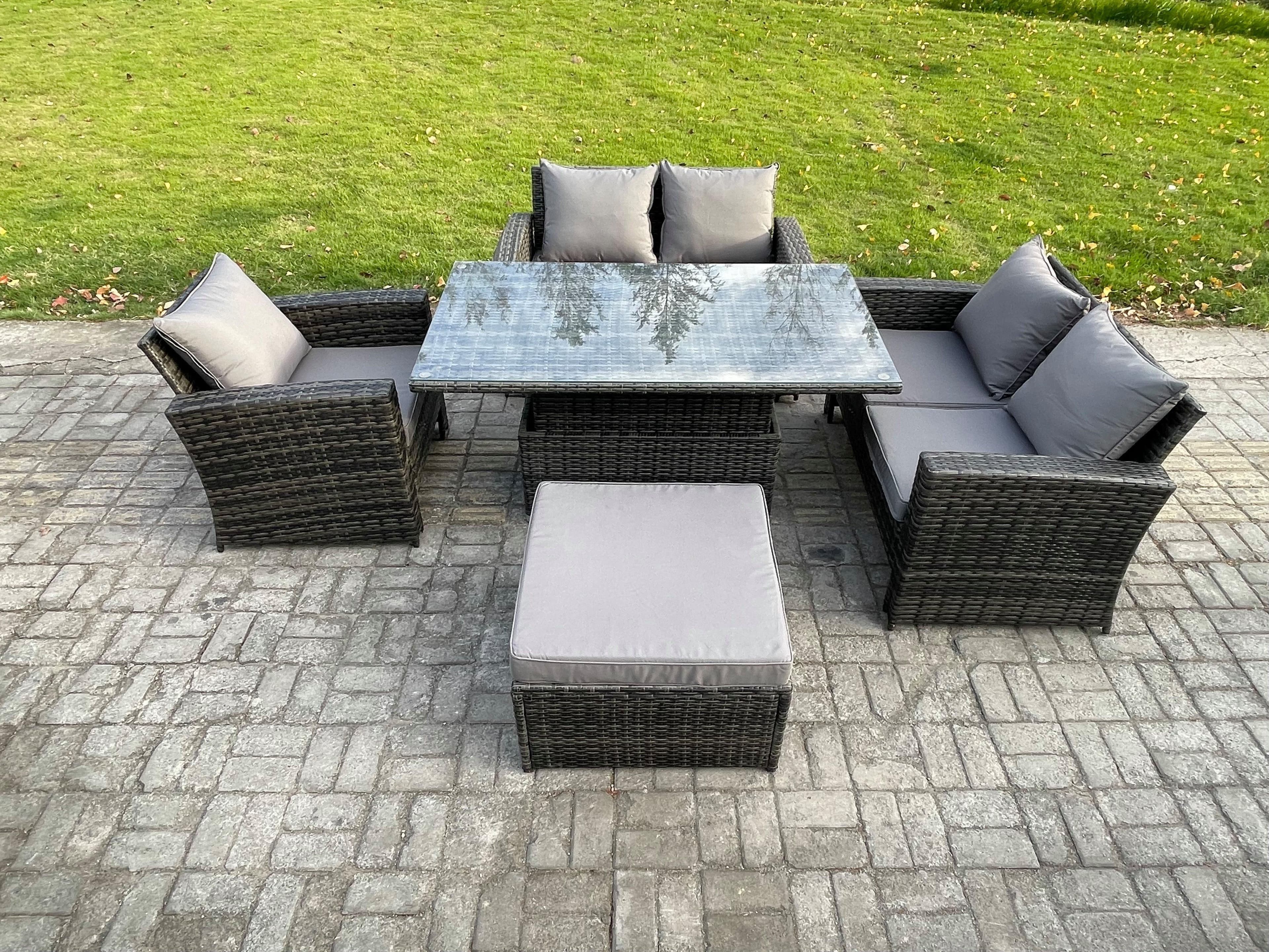 5pcs Rattan Outdoor Garden Furniture Set Height Adjustable Rising Lifting Table Sofa Dining Set Big Footstool Dark Grey Mixed
