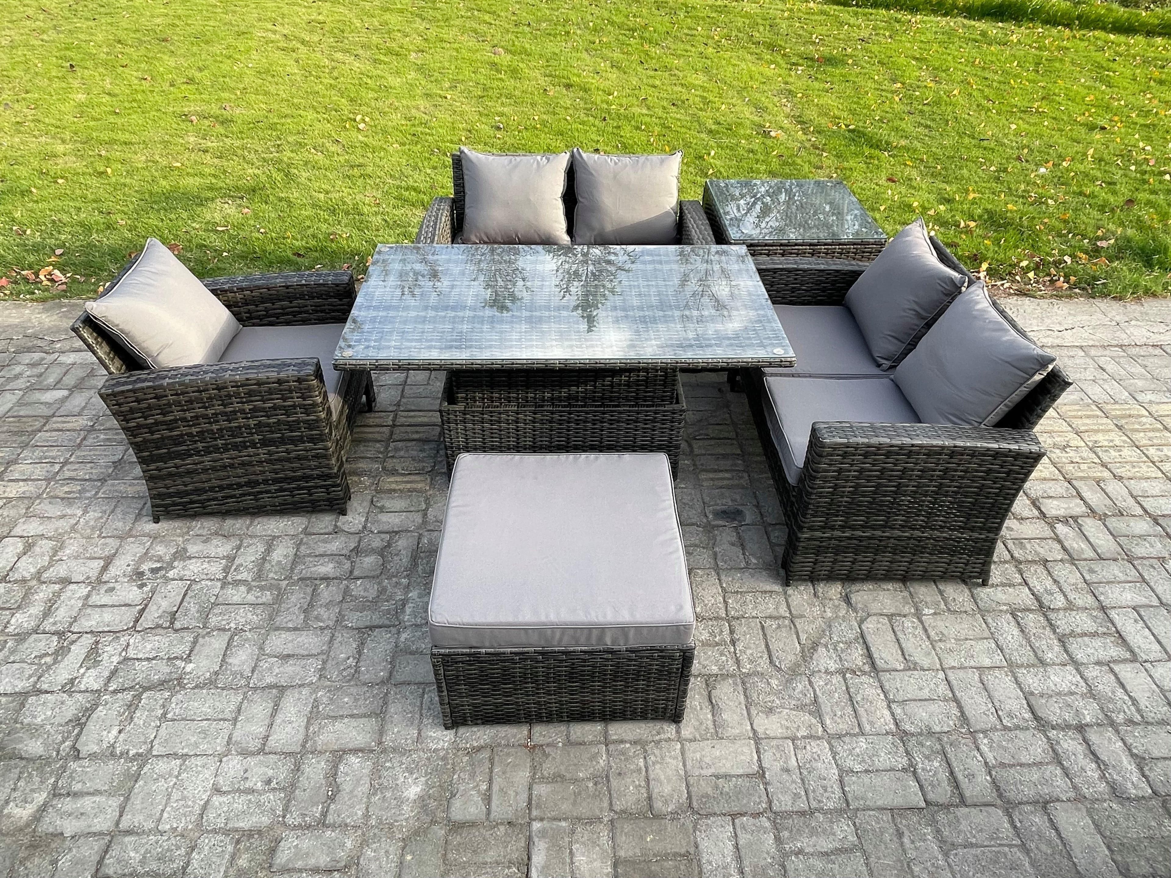 6pcs Rattan Outdoor Garden Furniture Set Height Adjustable Rising Lifting Table Sofa Dining Set Big Footstool Side Table Dark Grey Mixed