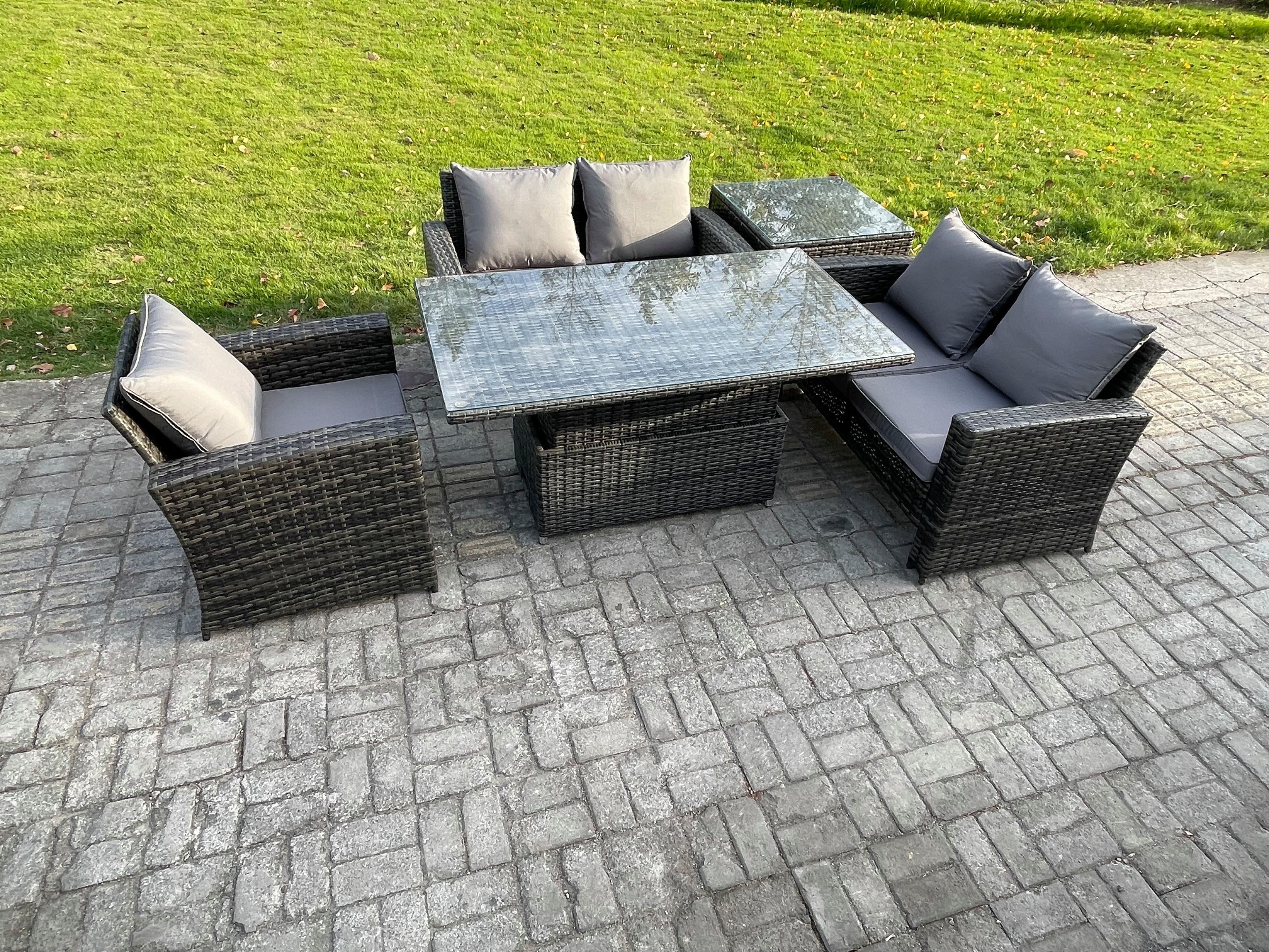 5pcs Rattan Outdoor Garden Furniture Set Height Adjustable Rising Lifting Table Sofa Dining Set Side Table Dark Grey Mixed