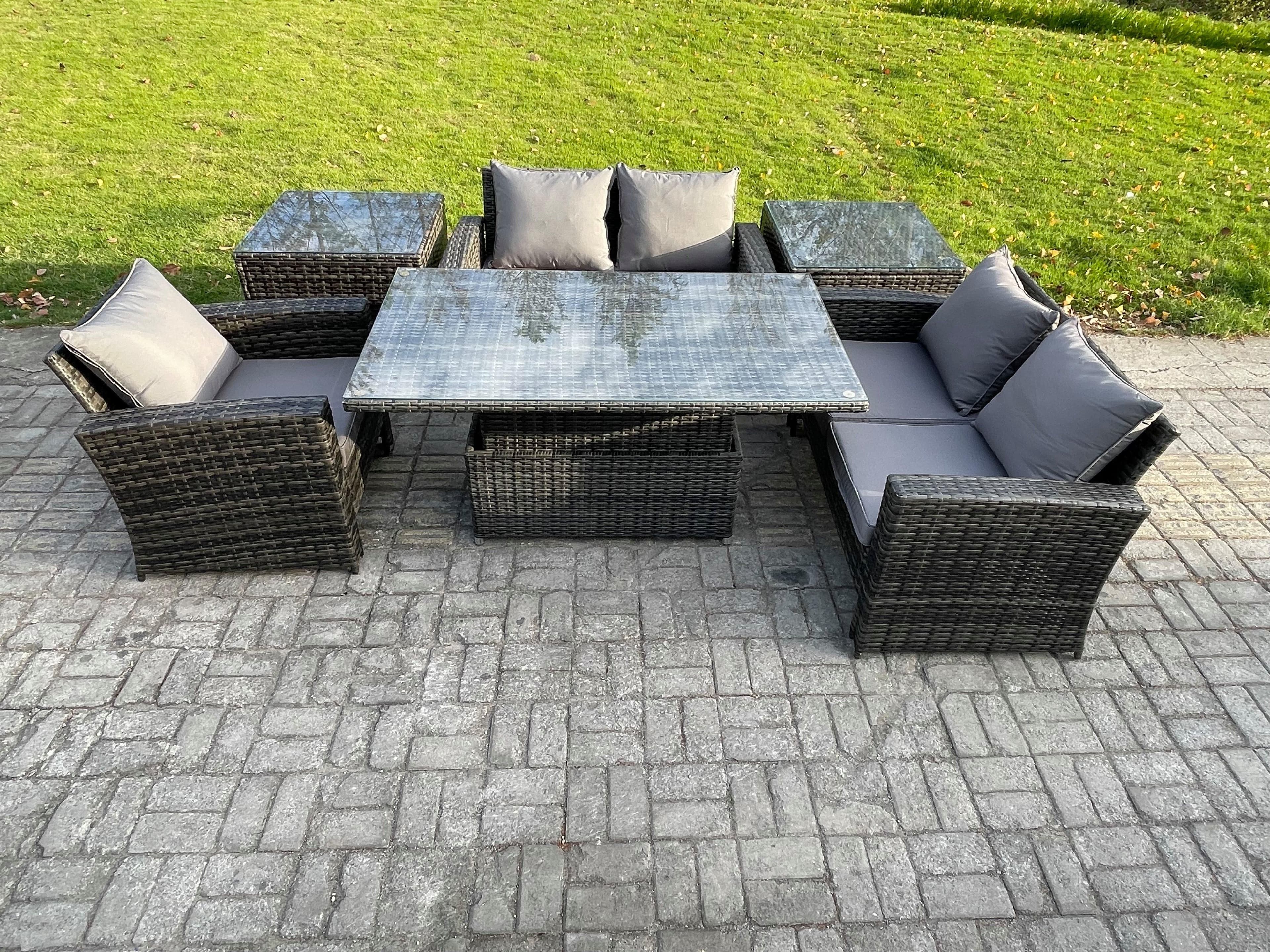 6pcs Rattan Outdoor Garden Furniture Set Height Adjustable Rising Lifting Table Sofa Dining Set 2 Side Tables Dark Grey Mixed