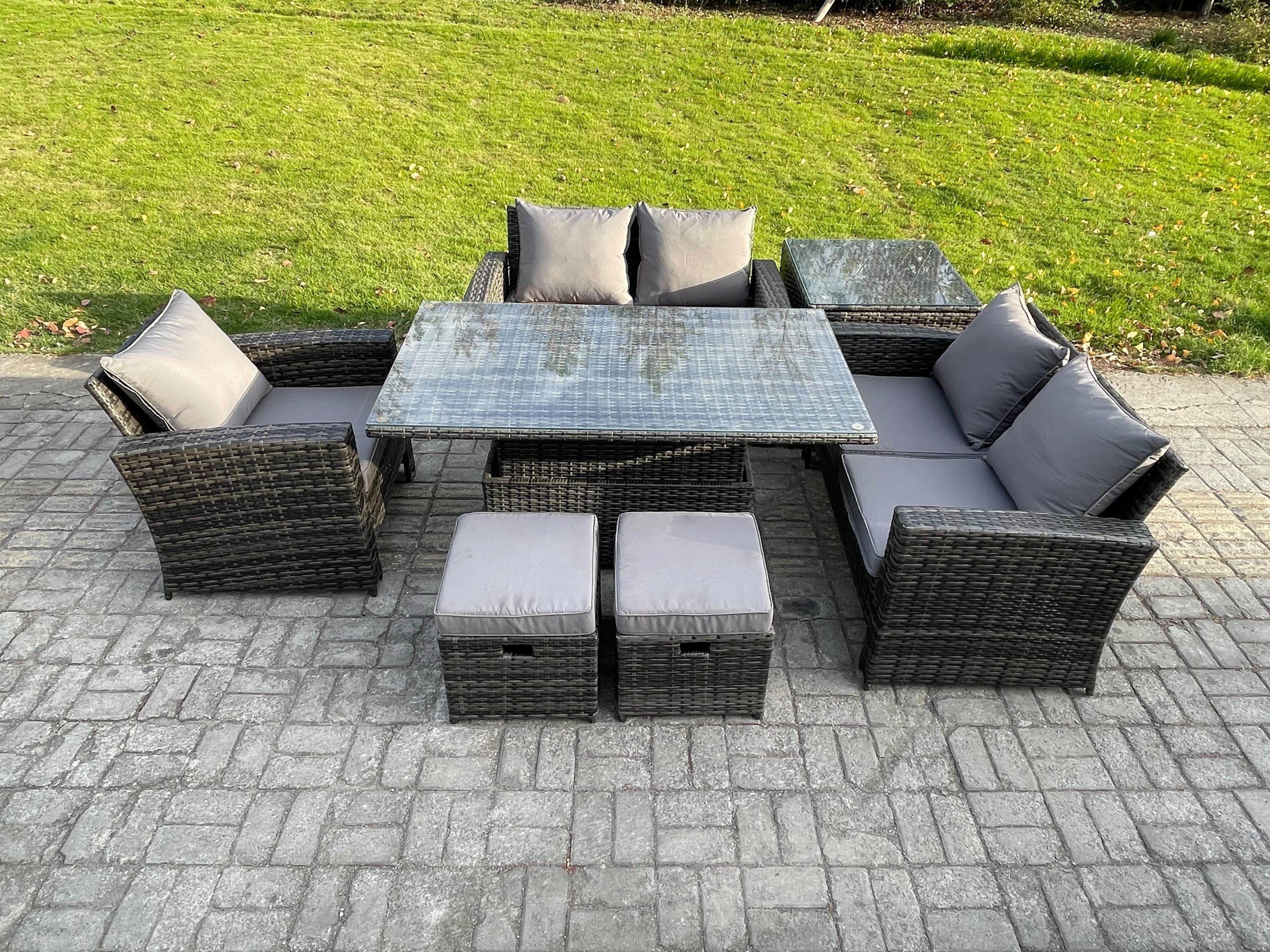 7pcs Rattan Outdoor Garden Furniture Set Height Adjustable Rising Lifting Table Sofa Dining Set Side Table 2 Small Footstools