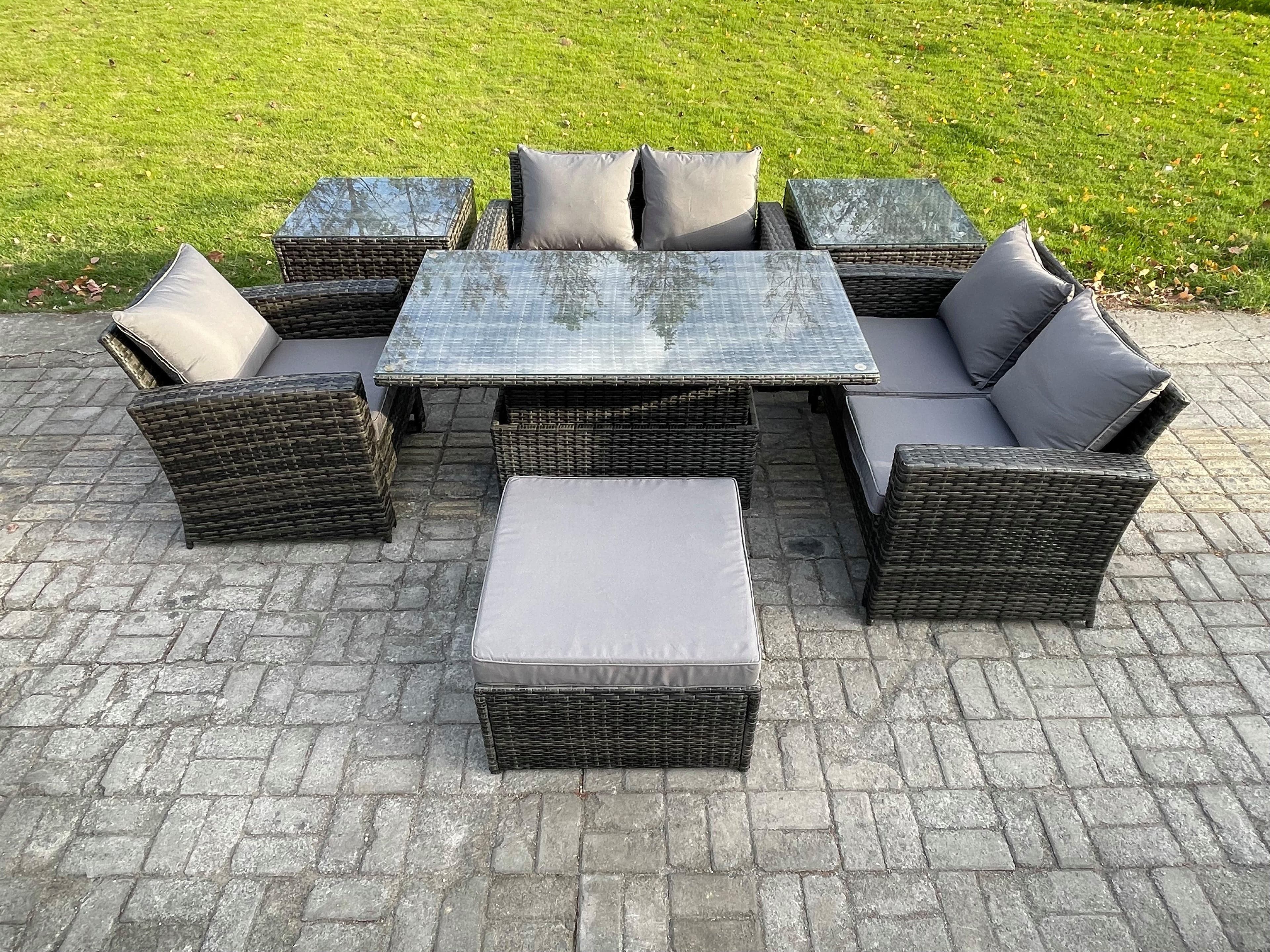 7pcs Rattan Outdoor Garden Furniture Set Height Adjustable Rising Lifting Table Sofa Dining Set 2 Side Tables Big Footstool