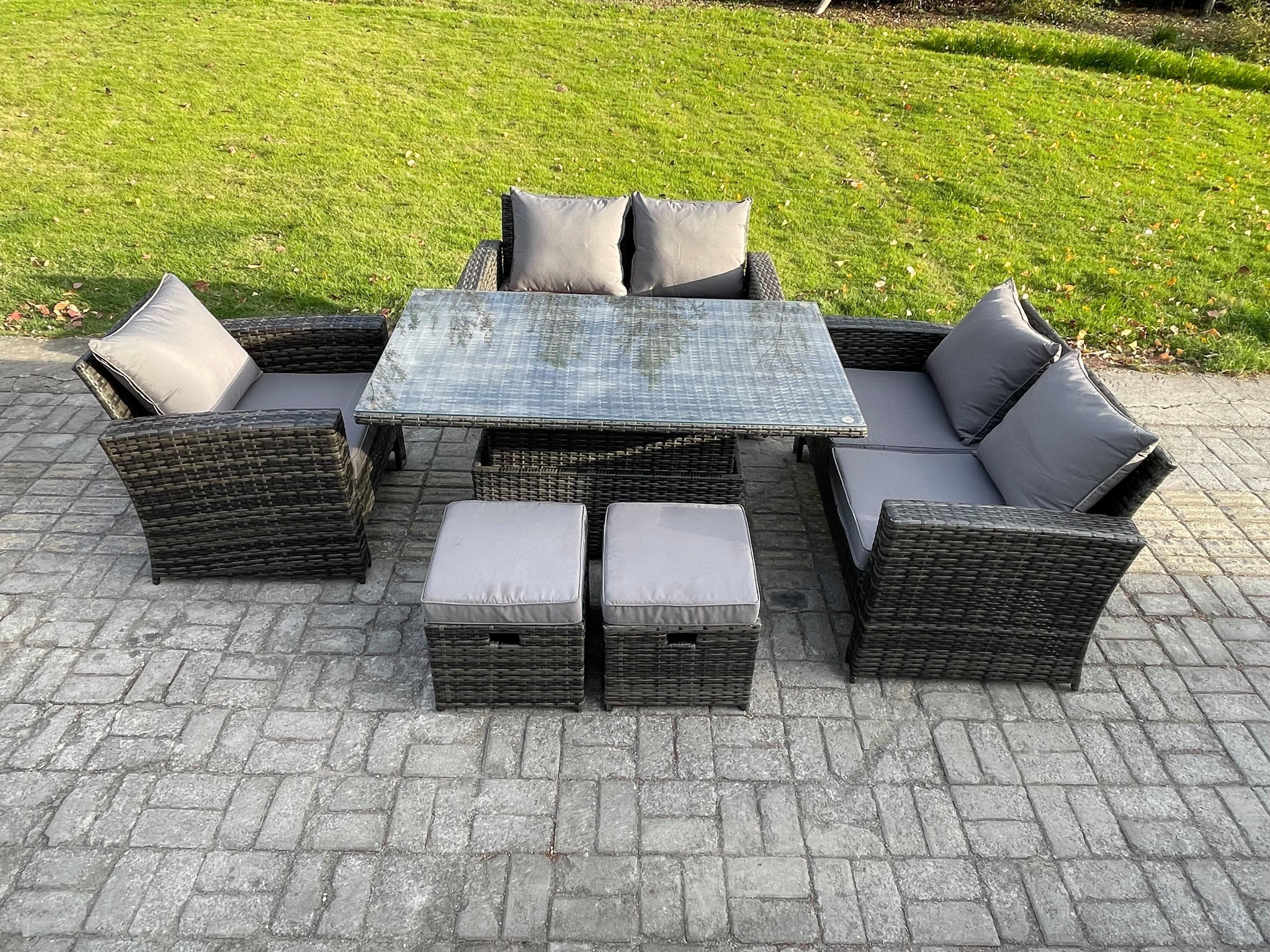 7 Seater Rattan Outdoor Garden Furniture Sofa Set 2 Small Footstool Dark Grey Mixed