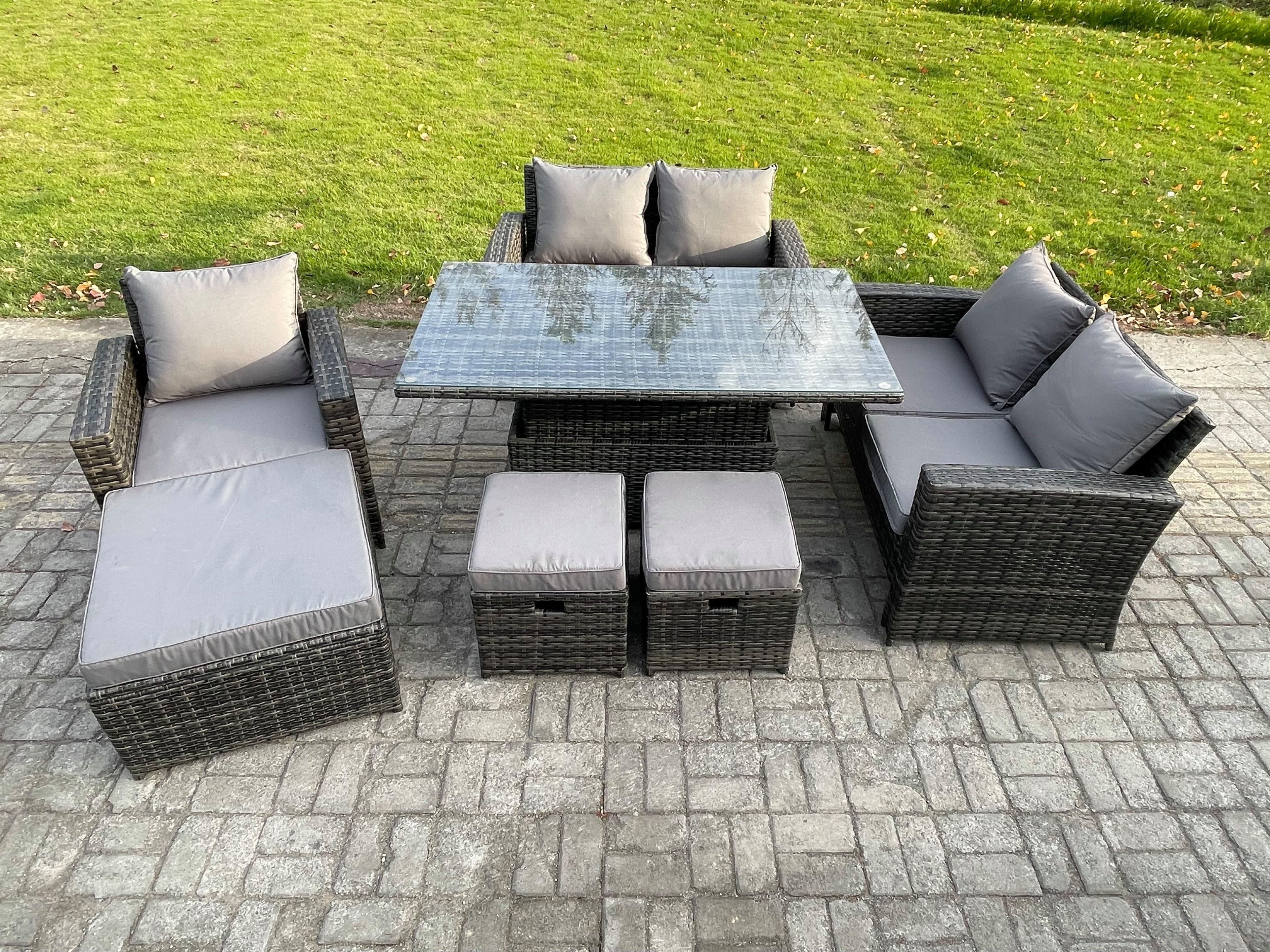 Outdoor Rattan Patio Furniture Set Garden Lounge Sofa Set Rising Lifting Table 3 Footstools Dark Grey Mixed