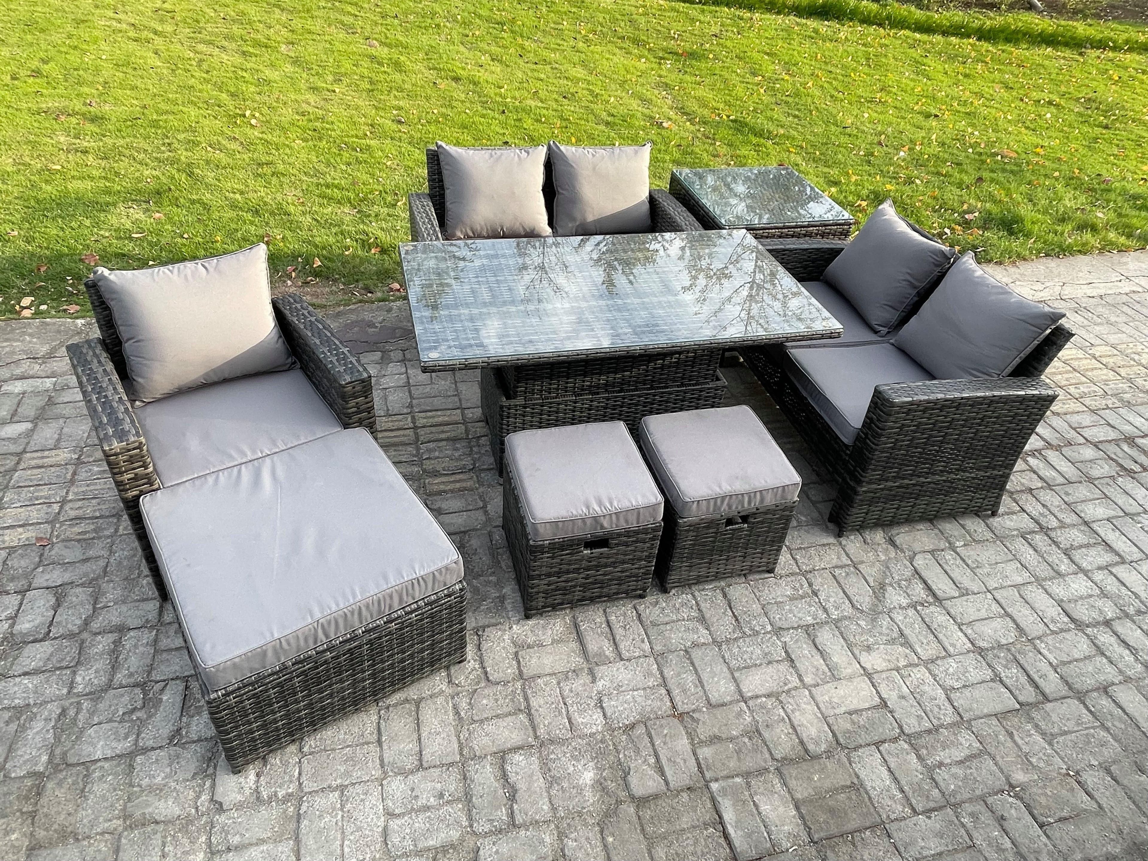 Outdoor Rattan Patio Furniture Set Garden Lounge Sofa Set Rising Lifting Table Side Table 3 Footstools Dark Grey Mixed