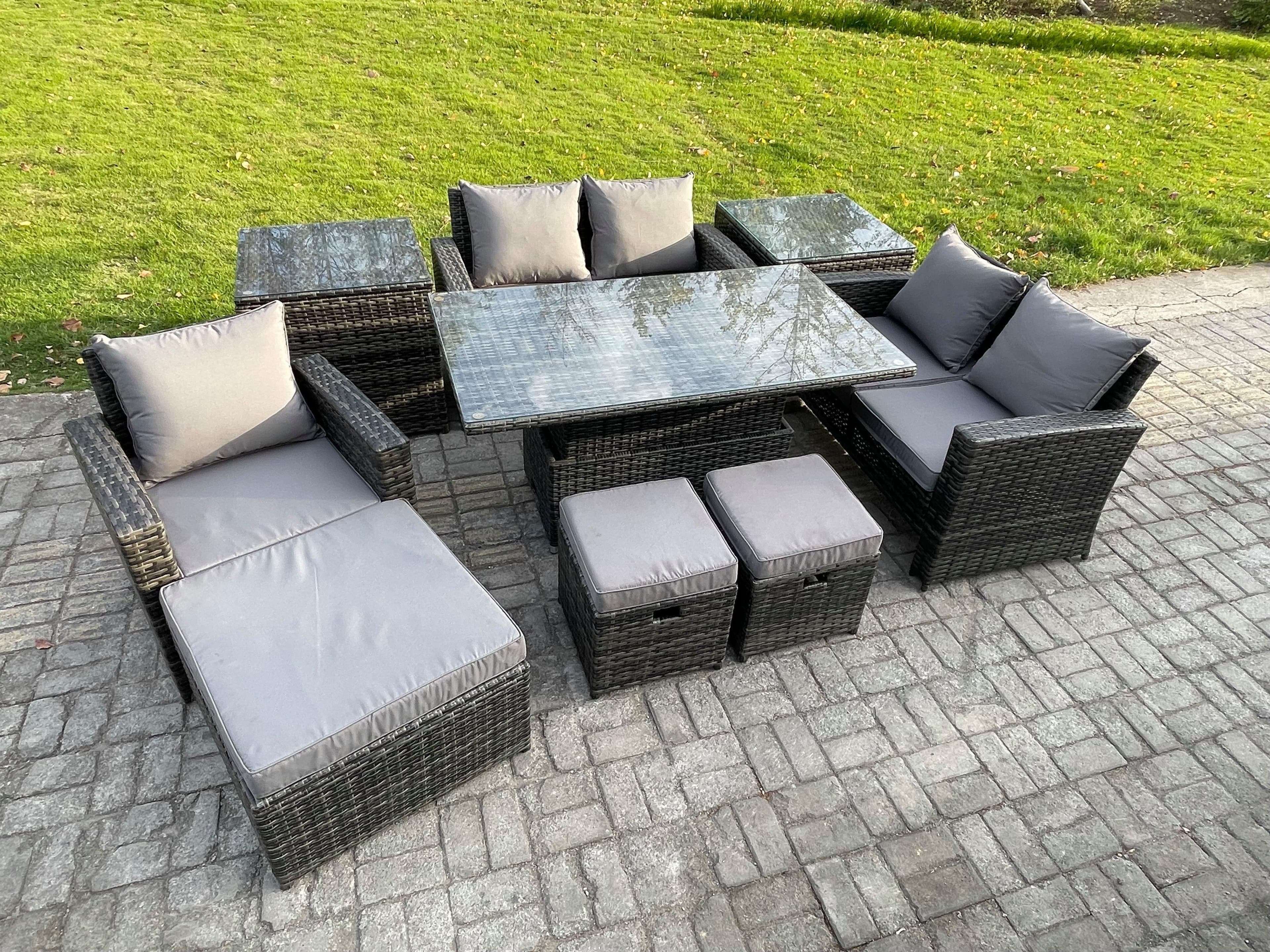 8 Seater Outdoor Rattan Patio Furniture Set Garden Height Adjustable Rising Lifting Table Sofa Dining Set 2 Side Tables 3 Footstools