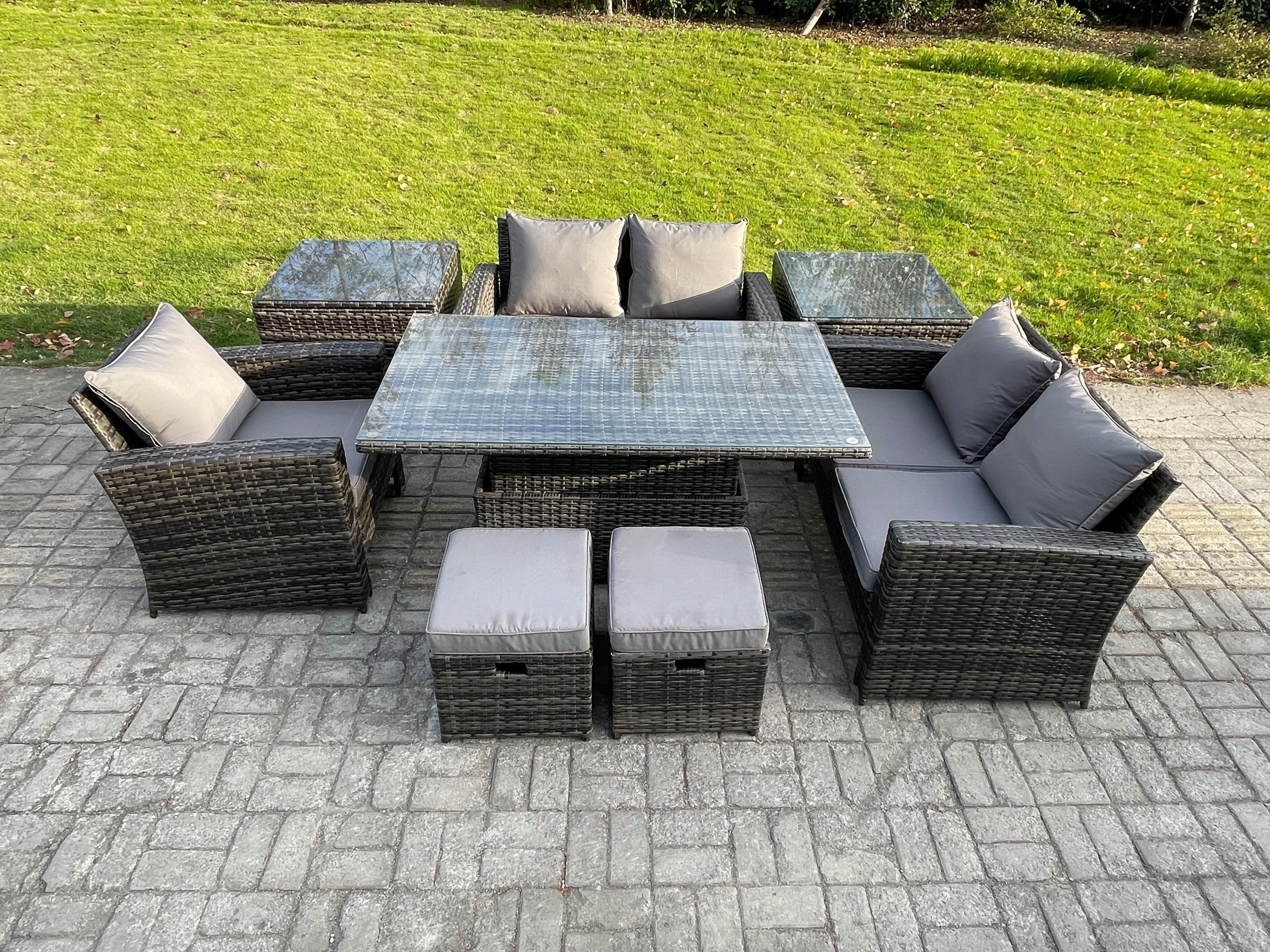 7 Seater Outdoor Rattan Patio Furniture Set Garden Height Adjustable Rising Lifting Table Sofa Dining Set 2 Side Tables 2 Small Footstools