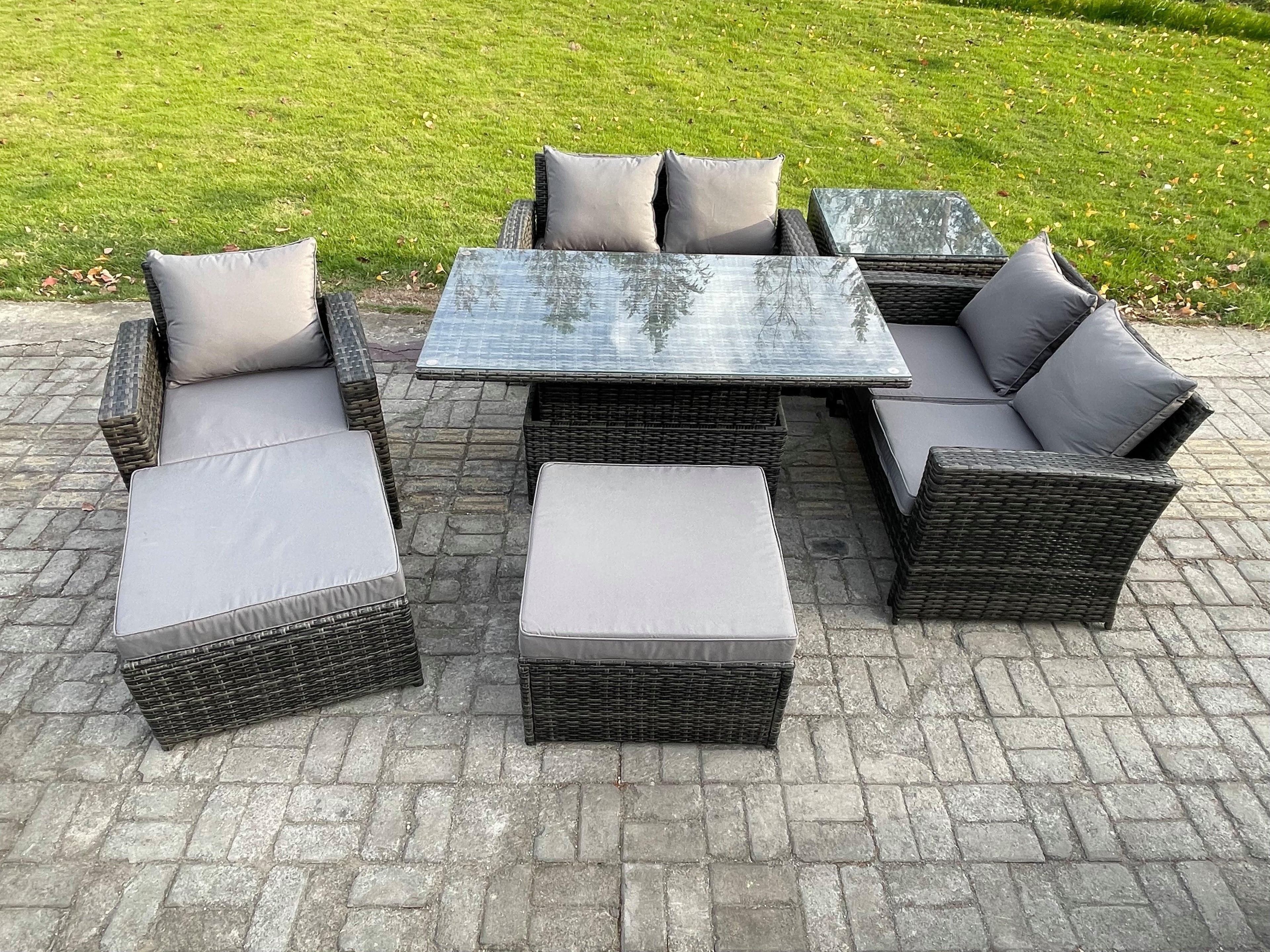 7 Seater Outdoor Rattan Patio Furniture Set Garden Height Adjustable Rising Lifting Table Sofa Dining Sofa Set Side Table 2 Big Footstool