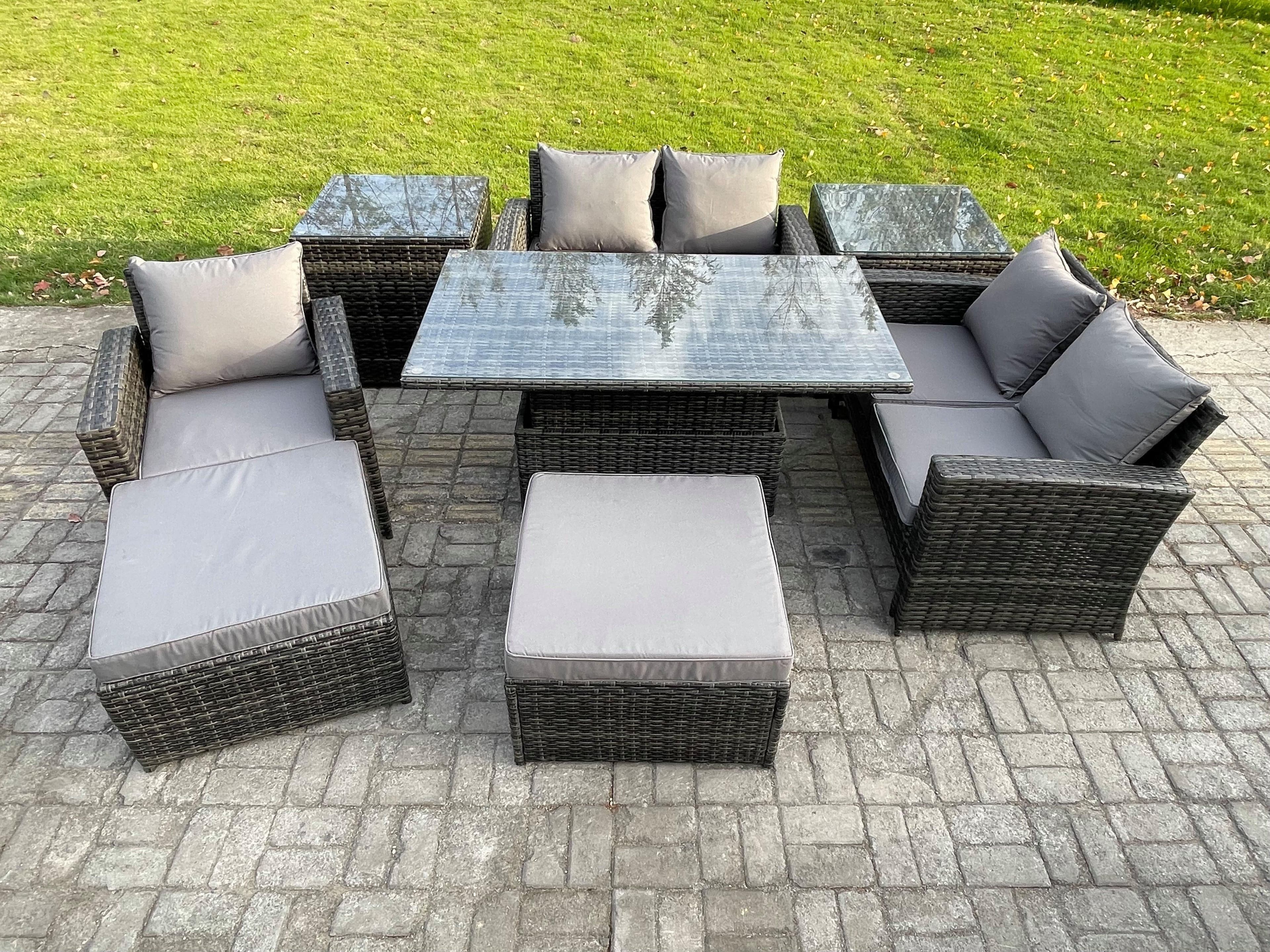 7 Seater Outdoor Rattan Patio Furniture Set Garden Height Adjustable Rising Lifting Table Sofa Dining Set 2 Side Tables 2 Big Footstool