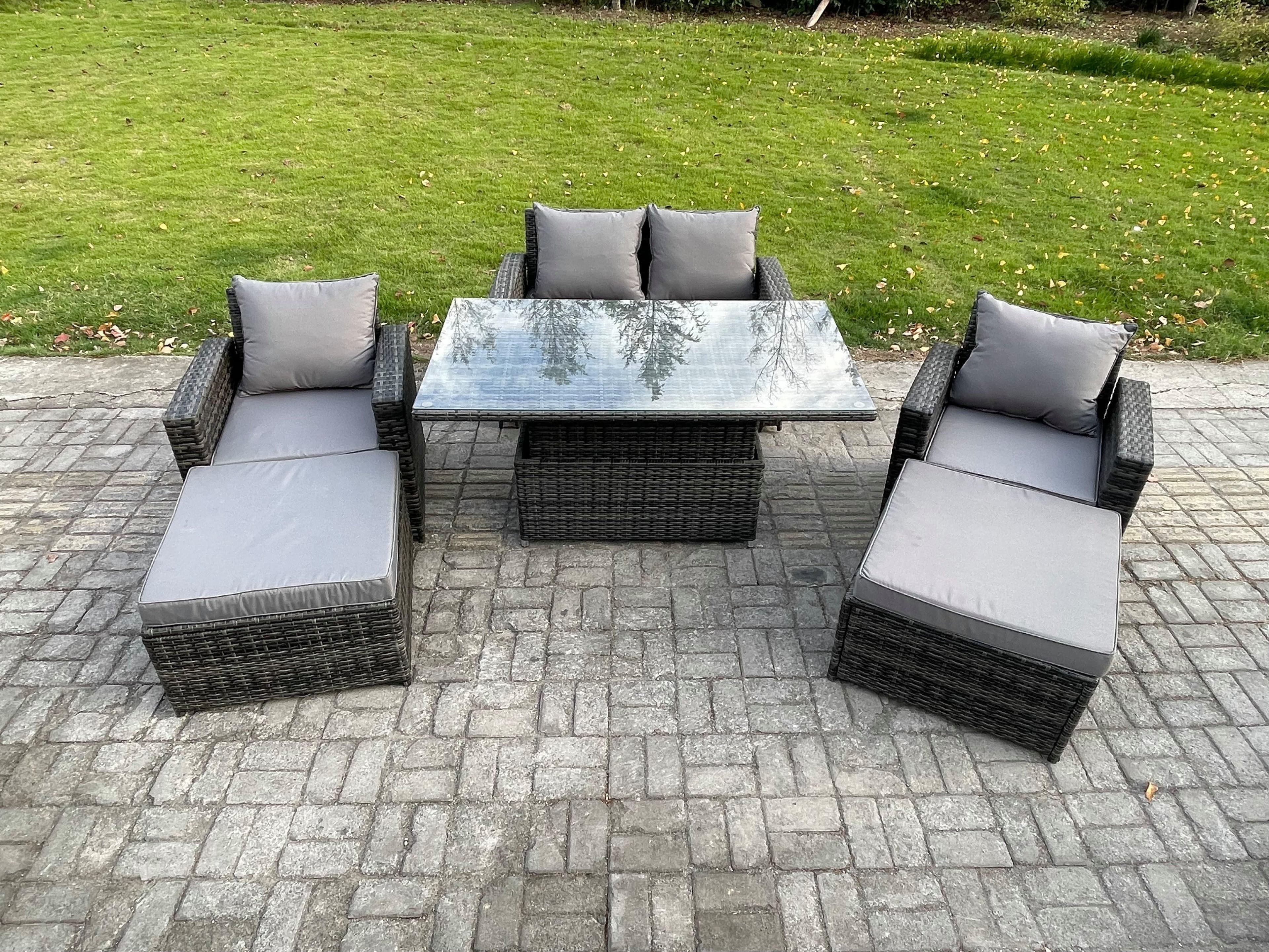 Wicker Rattan Garden Furniture Rising Table Set 2 Big Footstool Double Seat Sofa Armchairs Dark Grey Mixed