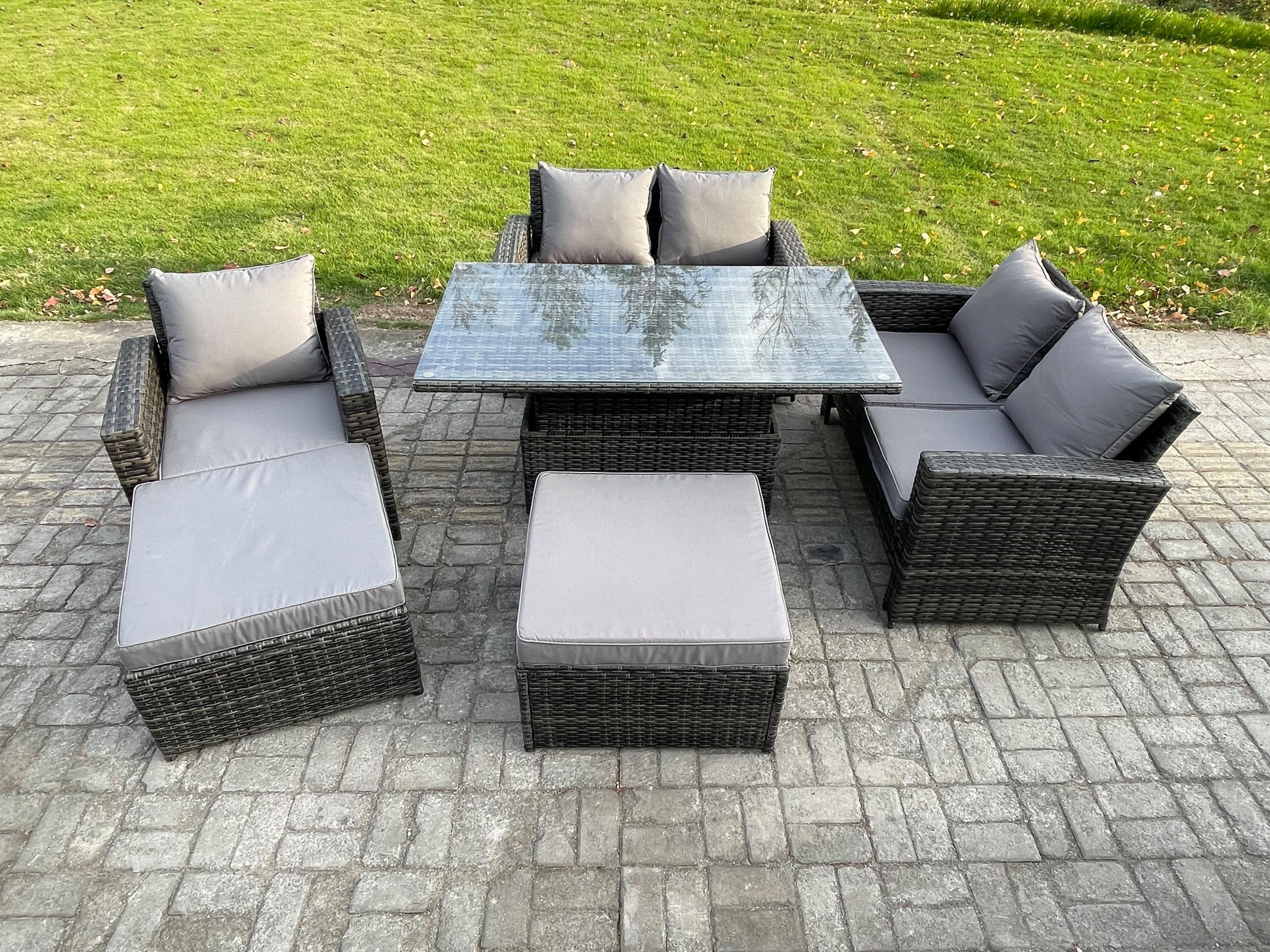 7 Seater Wicker Rattan Garden Furniture Rising Table Set 2 Big Footstool Double Seat Sofa Armchairs Dark Grey Mixed