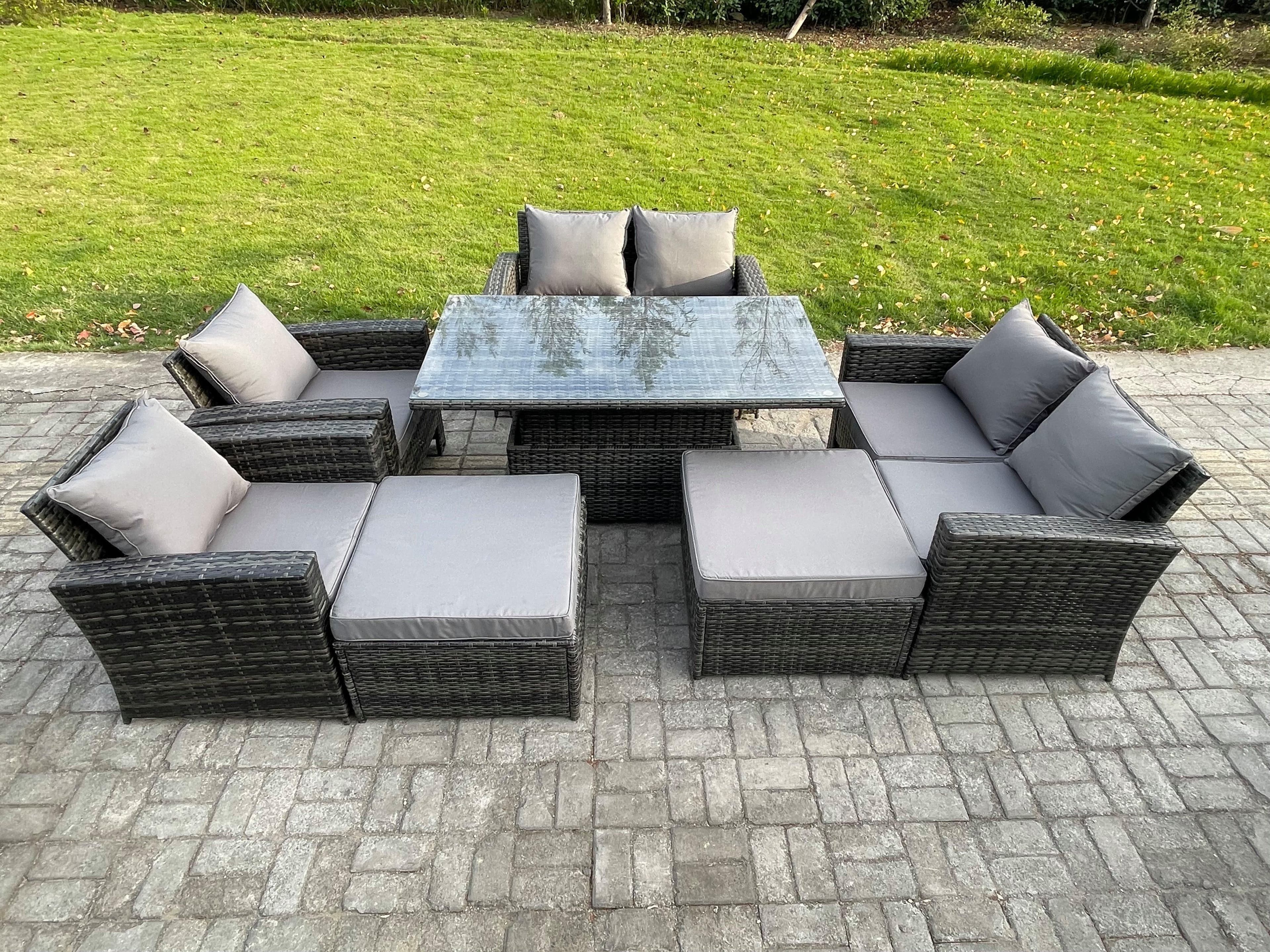 8 Seater Wicker Rattan Garden Furniture Rising Table Set 2 Big Footstool Double Seat Sofa Armchairs Dark Grey Mixed