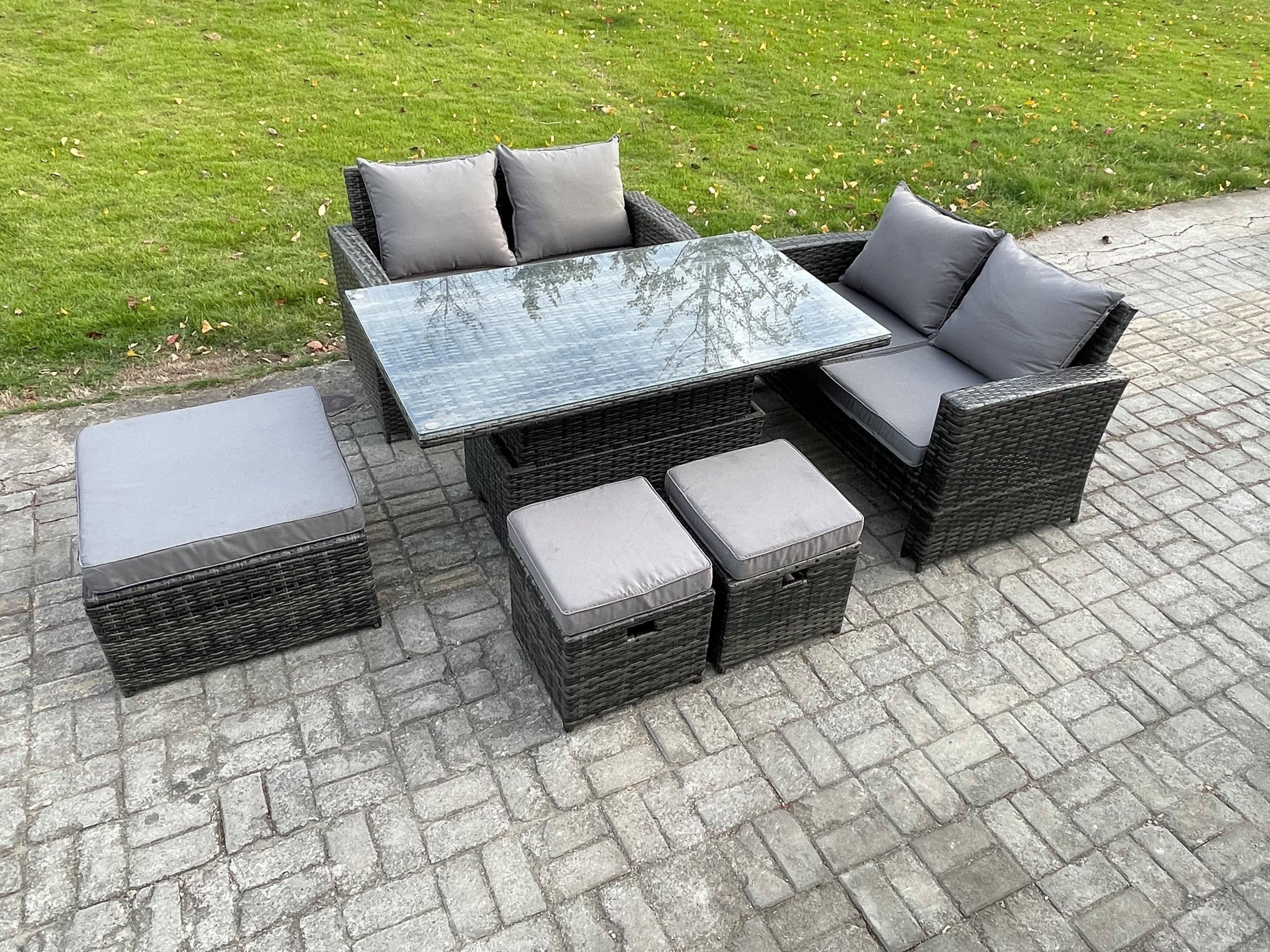 7 Seater Wicker Rattan Garden Furniture Rising Table Set 3 Footstool Double Seat Sofa Dark Grey Mixed