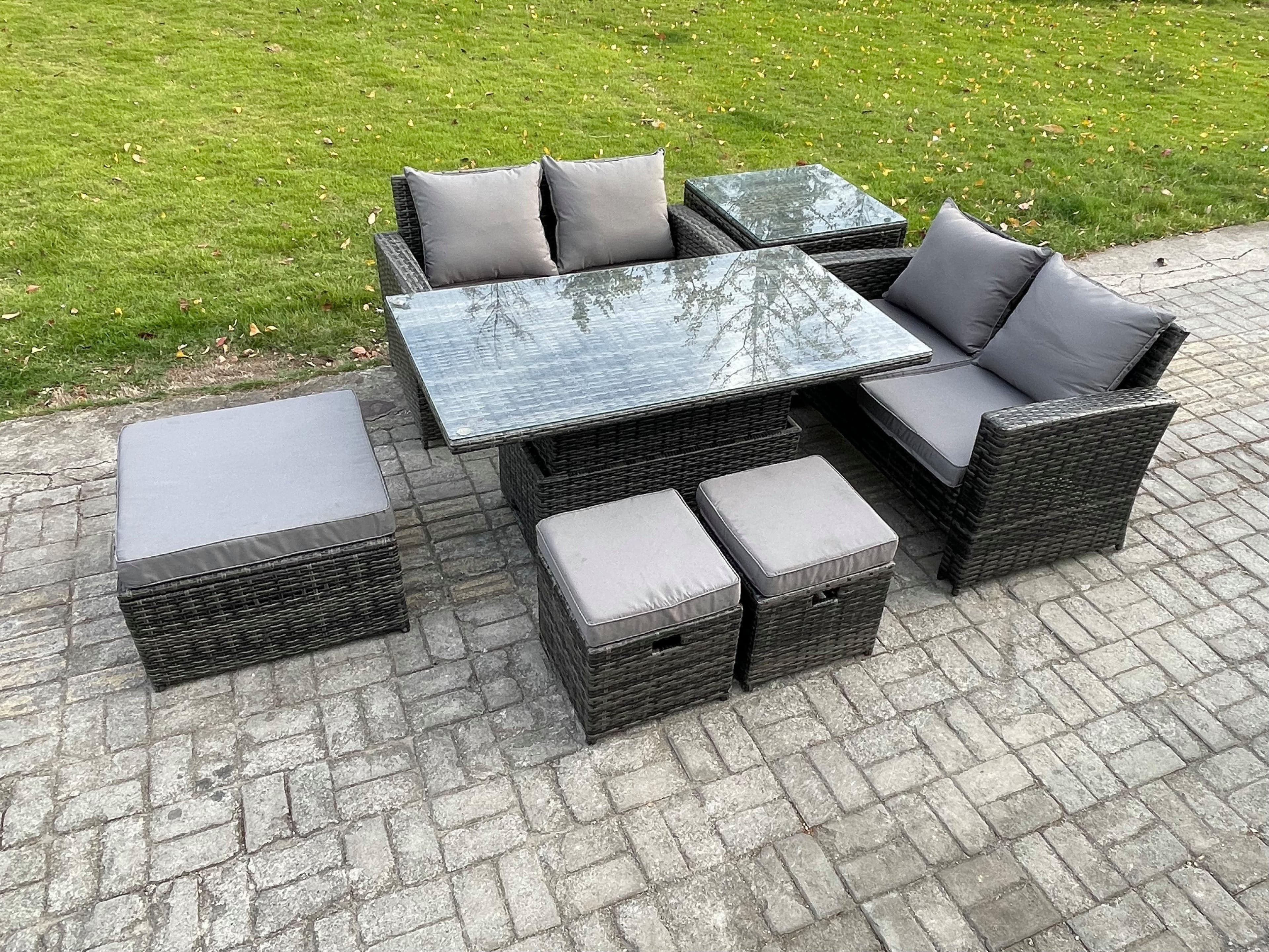 7 Seater Wicker Rattan Garden Furniture Rising Table Set Side Table 3 Footstool Double Seat Sofa Side Table Dark Grey Mixed