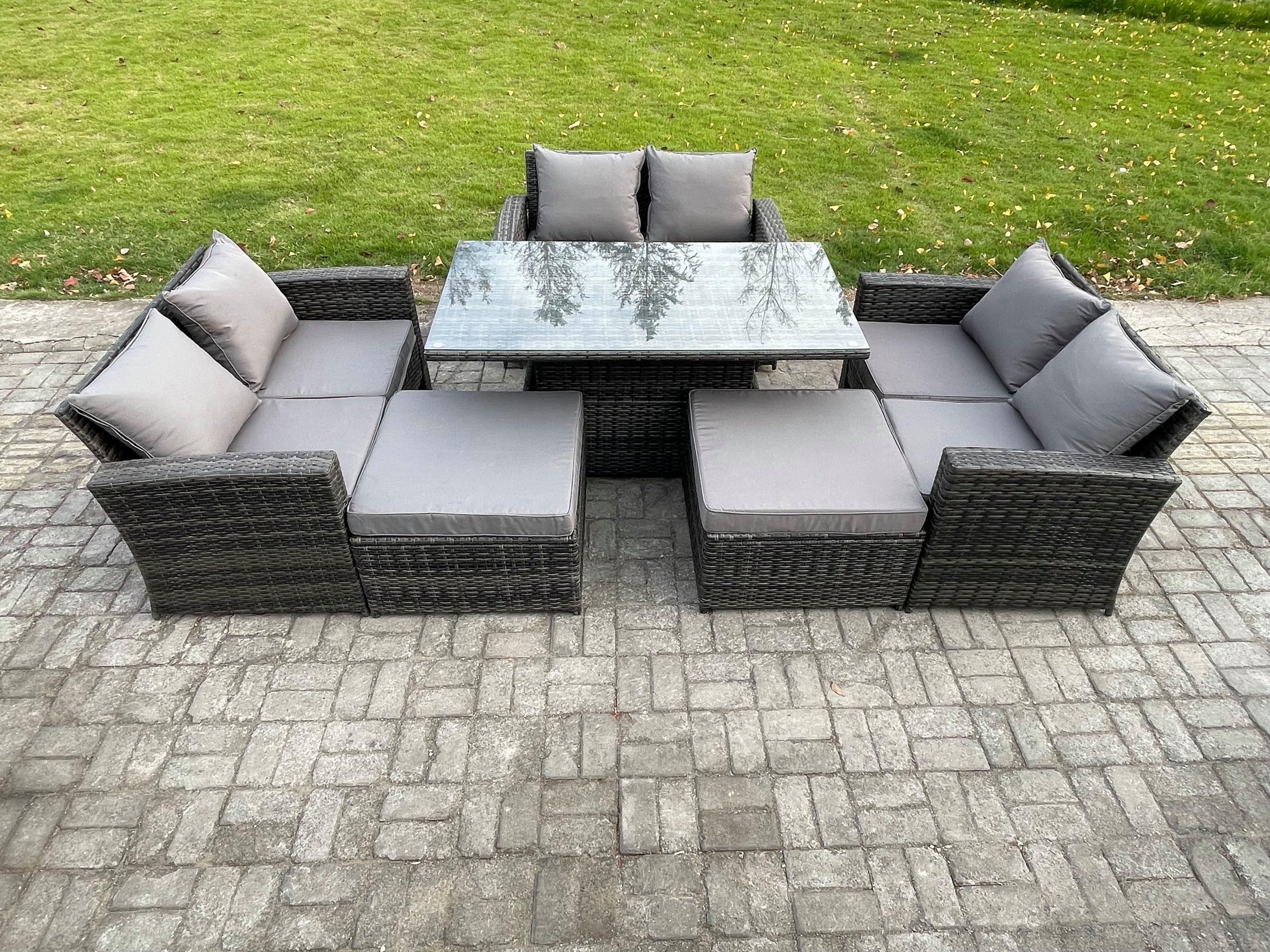 8 Seater Wicker Rattan Garden Furniture Rising Table Set 2 Big Footstool Double Seat Sofa Dark Grey Mixed