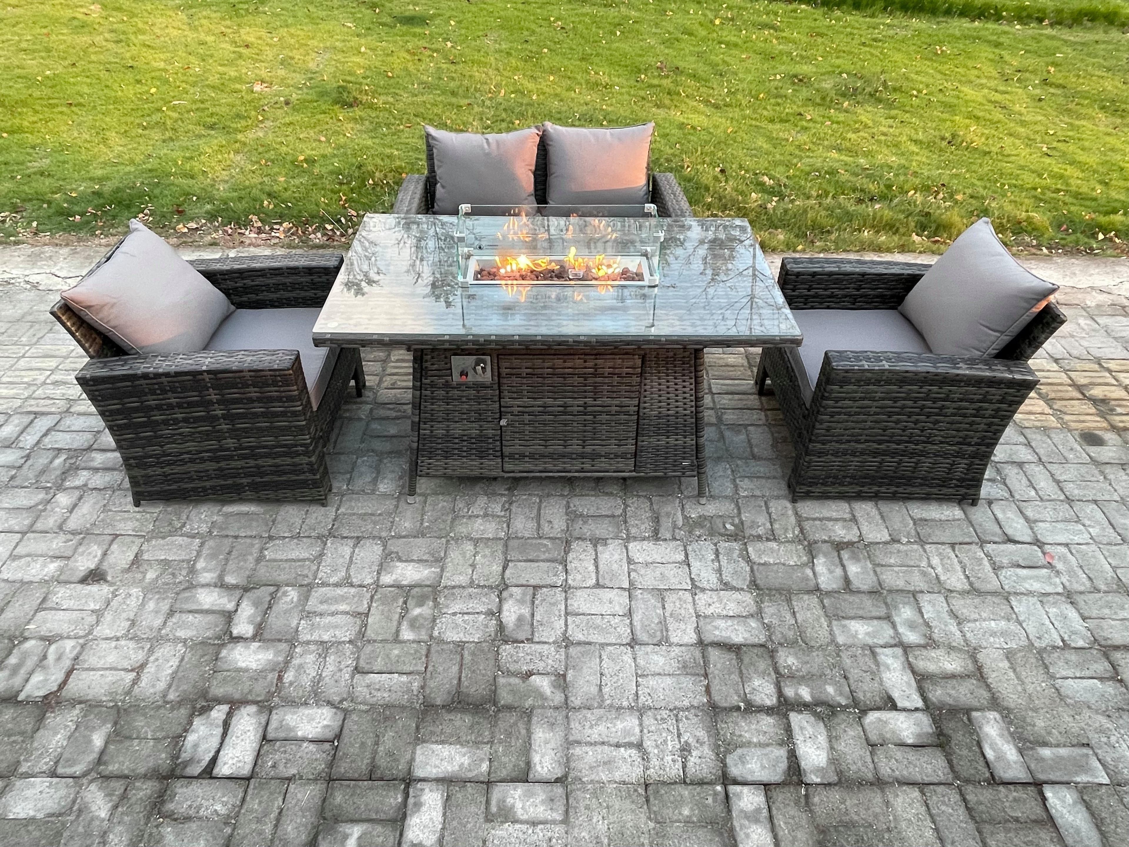 4 Seater Outdoor Rattan Sofa Set Garden Furniture Gas Firepit Dining Table Heater Dark Grey Mixed