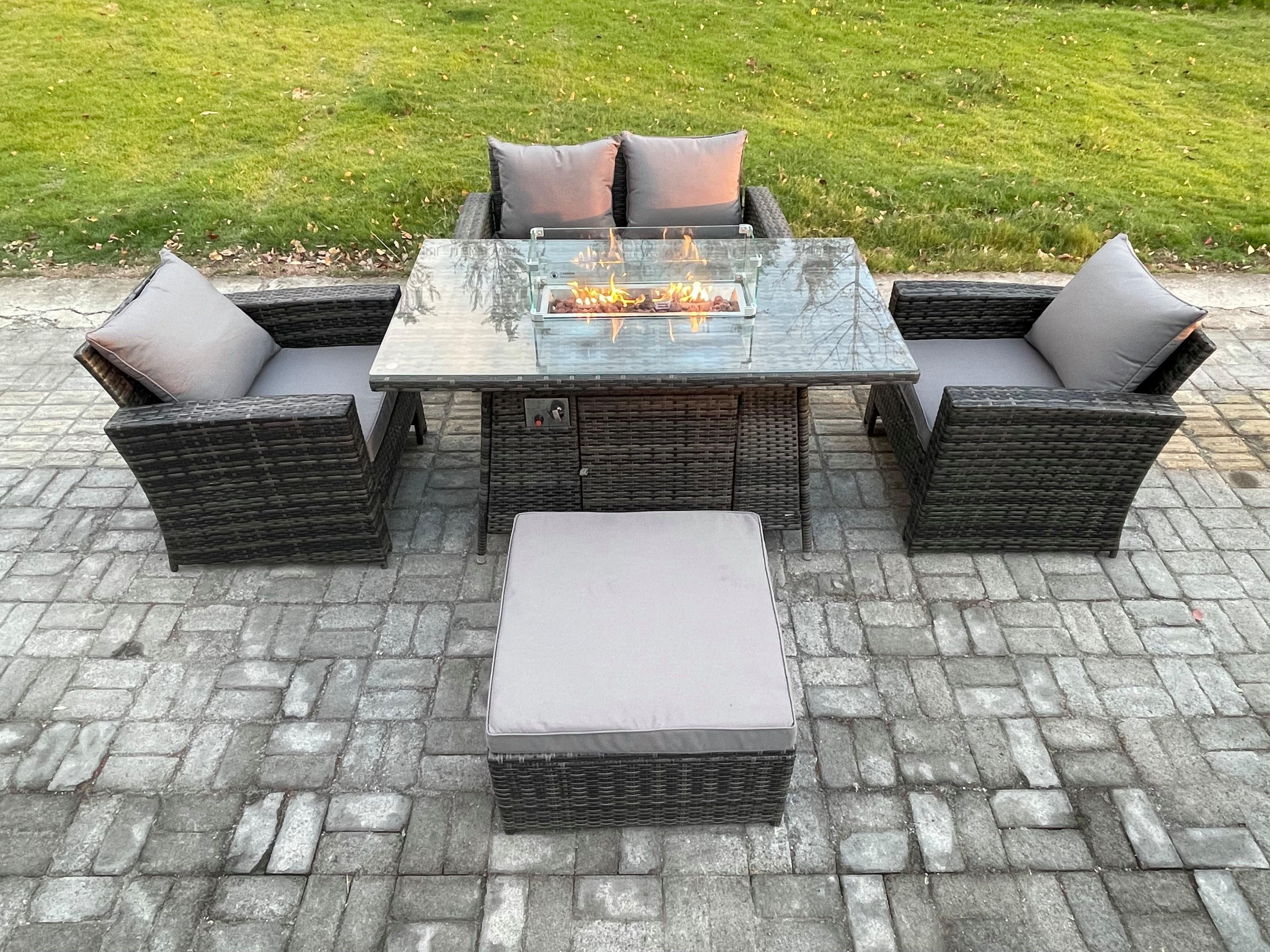 5 Seater Outdoor Rattan Sofa Set Garden Furniture Gas Firepit Dining Table Heater Big Footstool