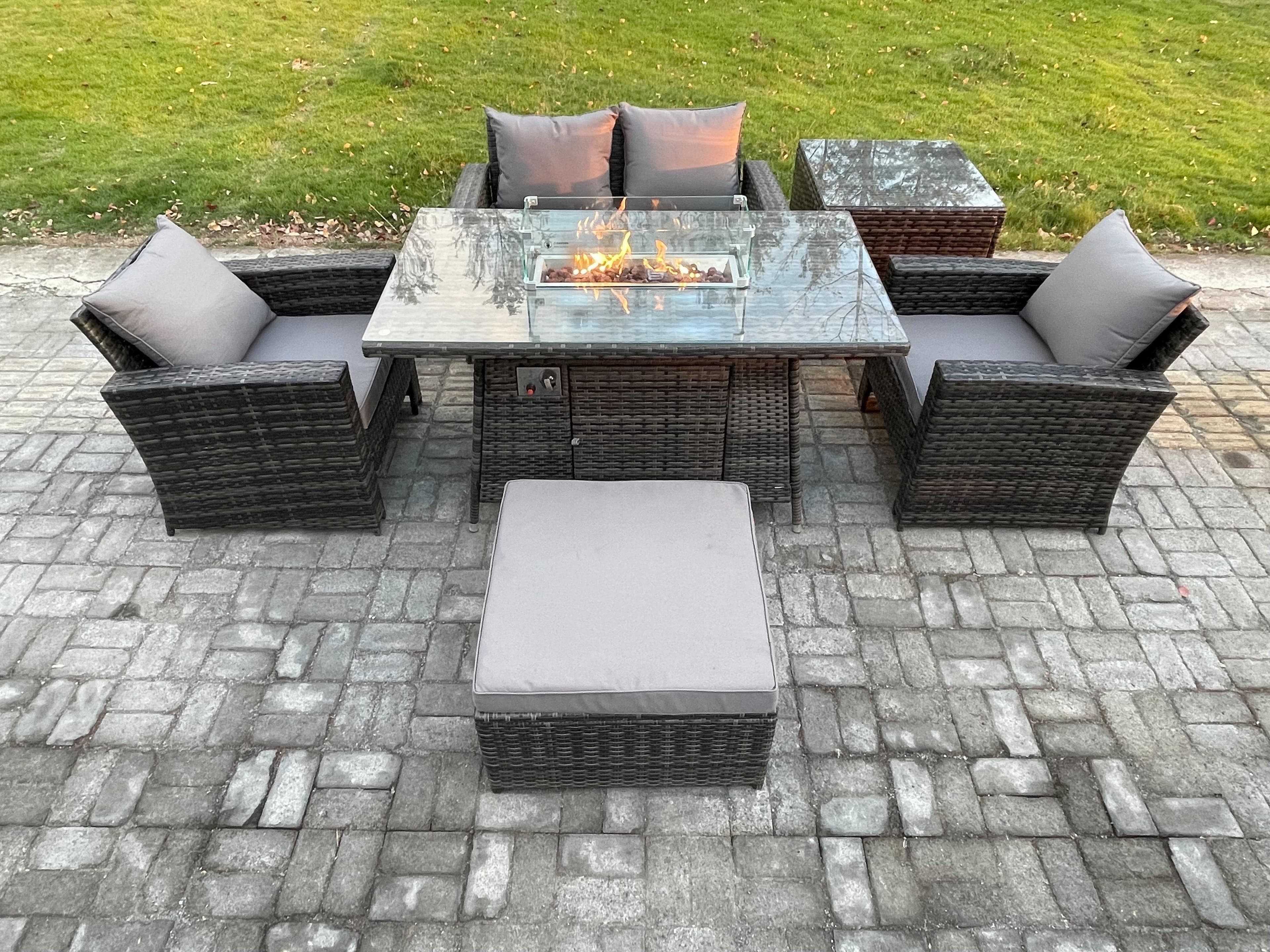 5 Seater Outdoor Rattan Sofa Set Garden Furniture Gas Firepit Dining Table Heater Side Table
