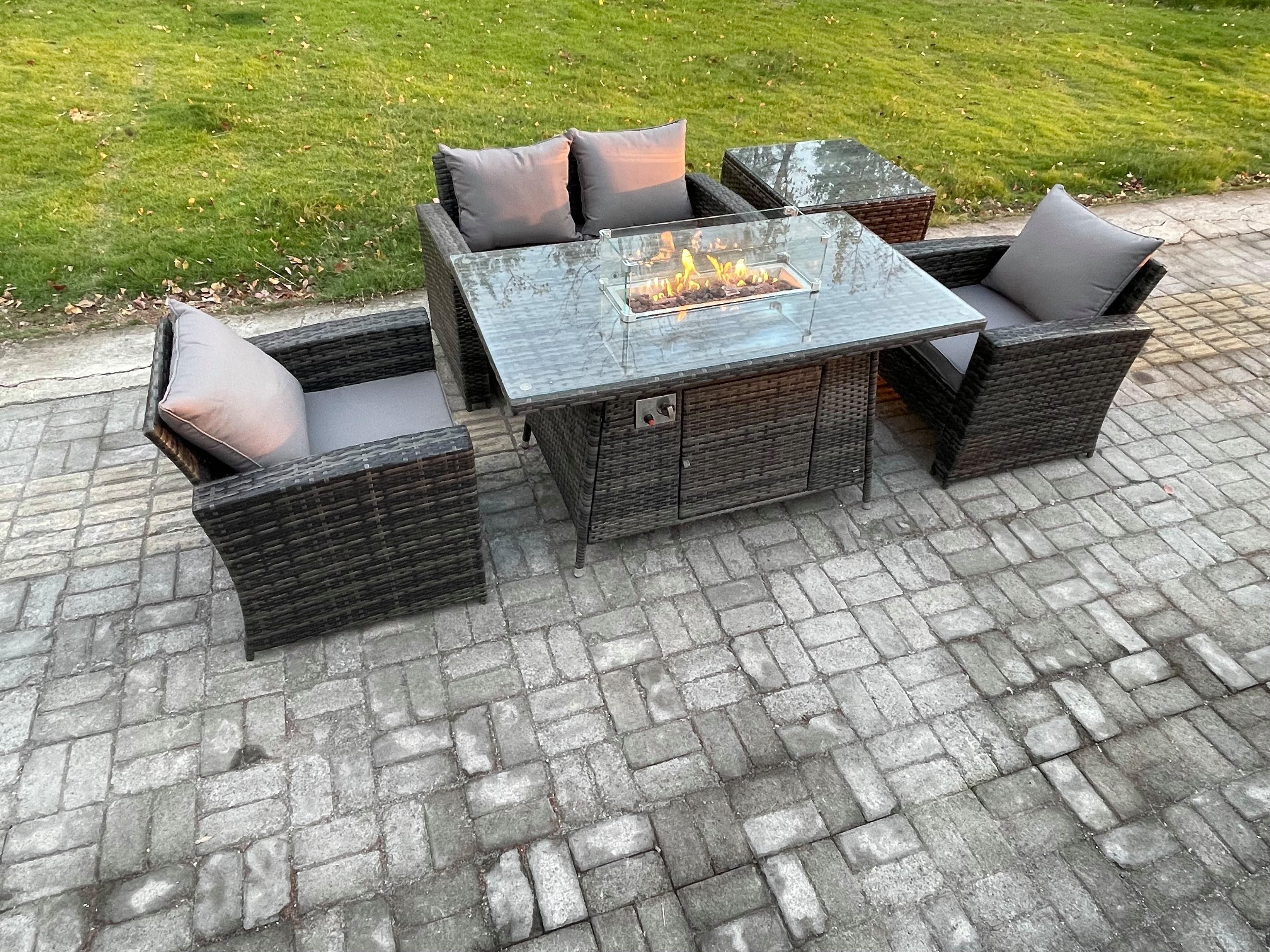 4 Seater Outdoor Rattan Sofa Set Garden Furniture Gas Firepit Dining Table Heater Side Table