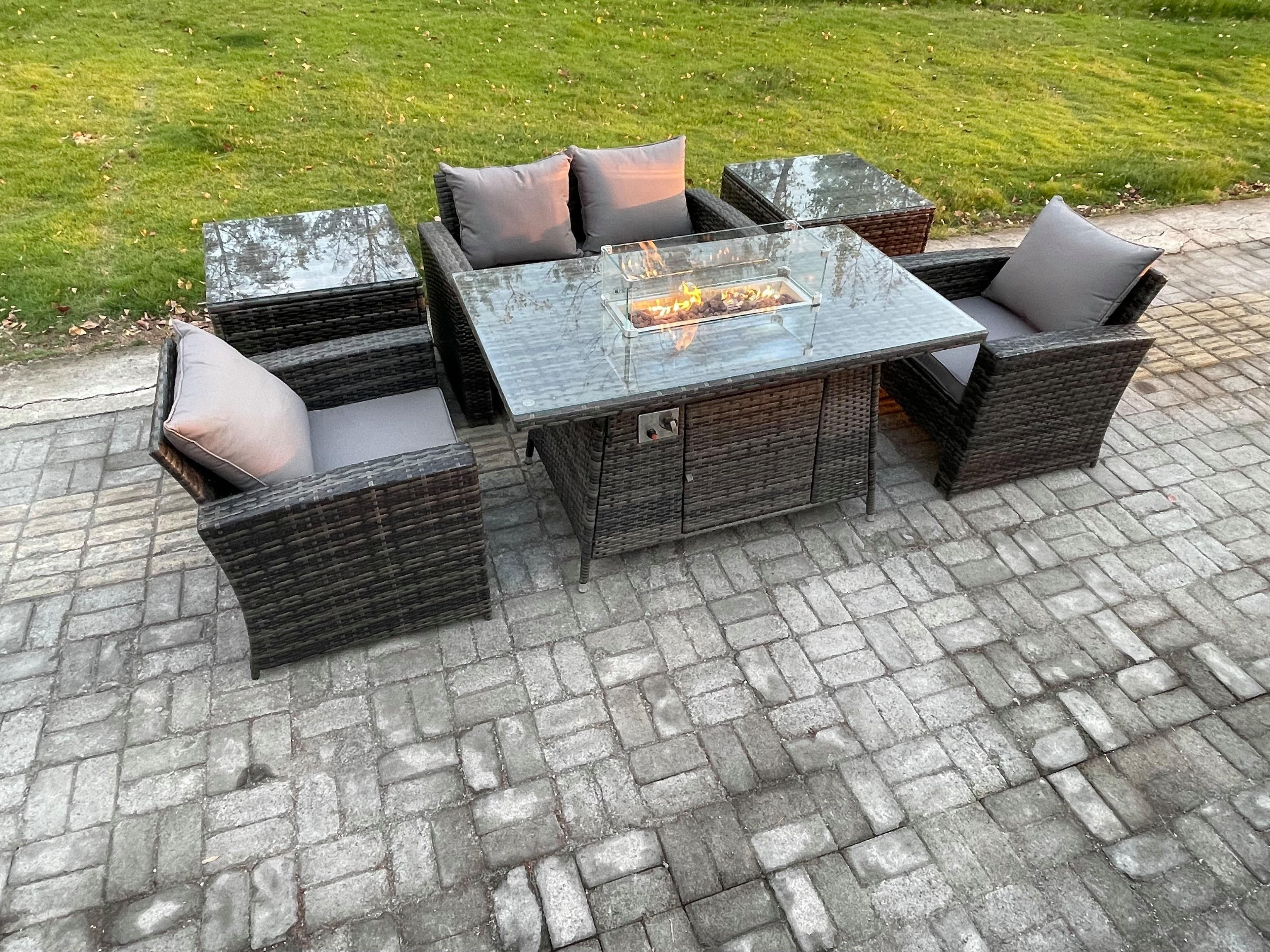 Outdoor Rattan Sofa Set Garden Furniture Gas Firepit Dining Table Heater 2 Side Tables