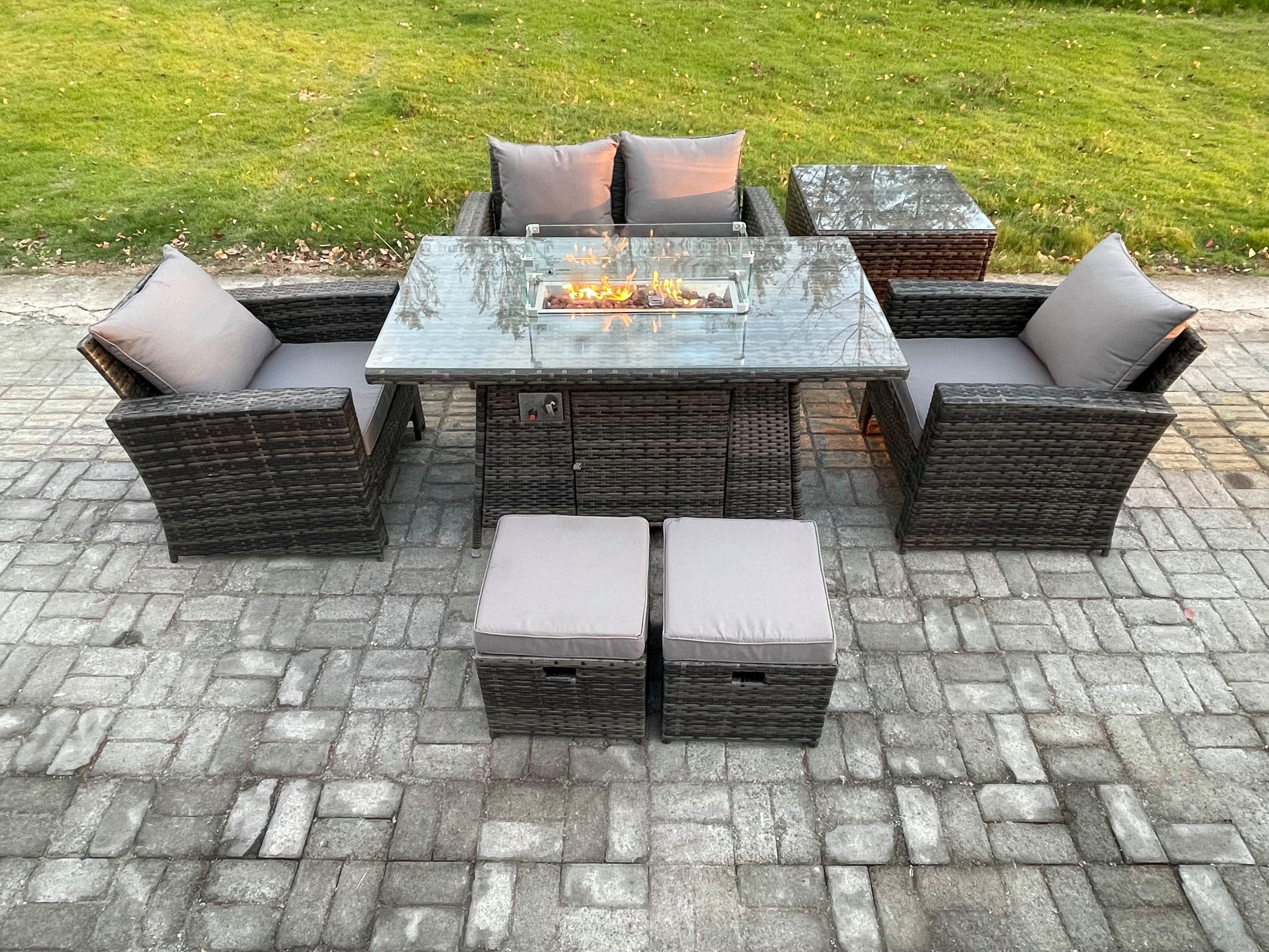 6 Seater Outdoor Rattan Sofa Set Garden Furniture Gas Firepit Dining Table Heater Side Table