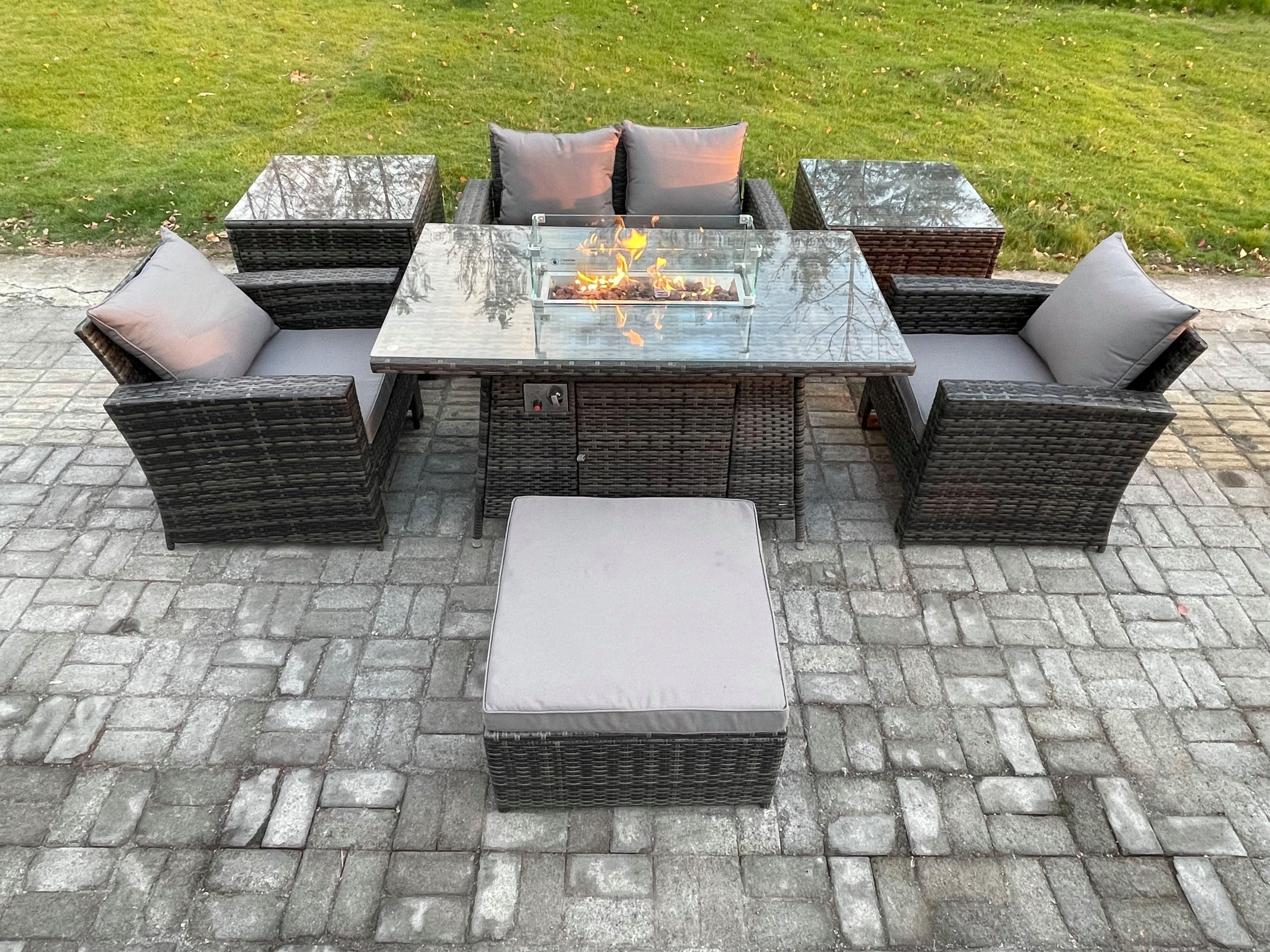 5 Seater Outdoor Rattan Sofa Set Garden Furniture Gas Firepit Dining Table Heater 2 Side Tables