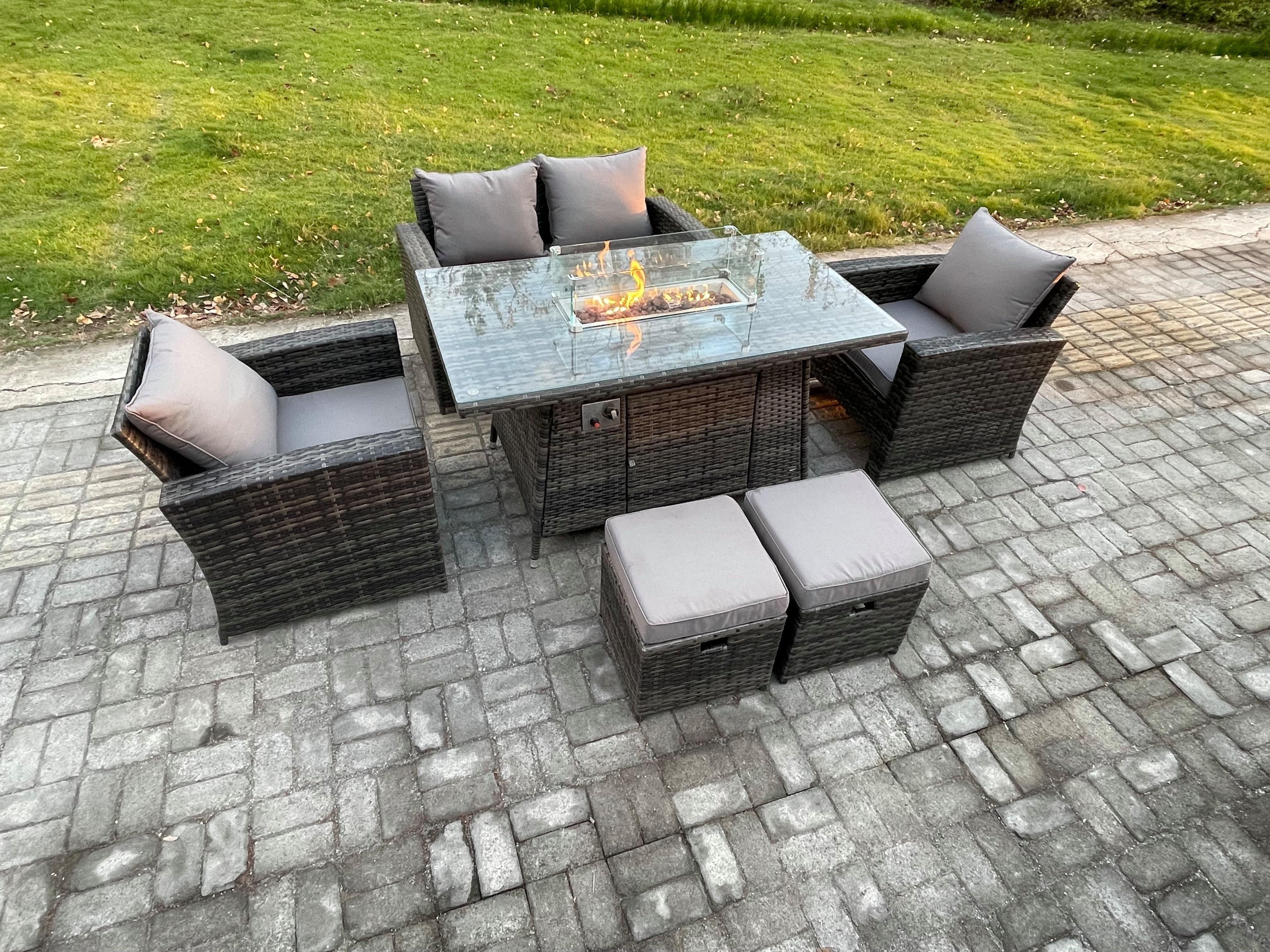 6 Seater Outdoor Rattan Sofa Set Garden Furniture Gas Firepit Dining Table 2 Small Footstools