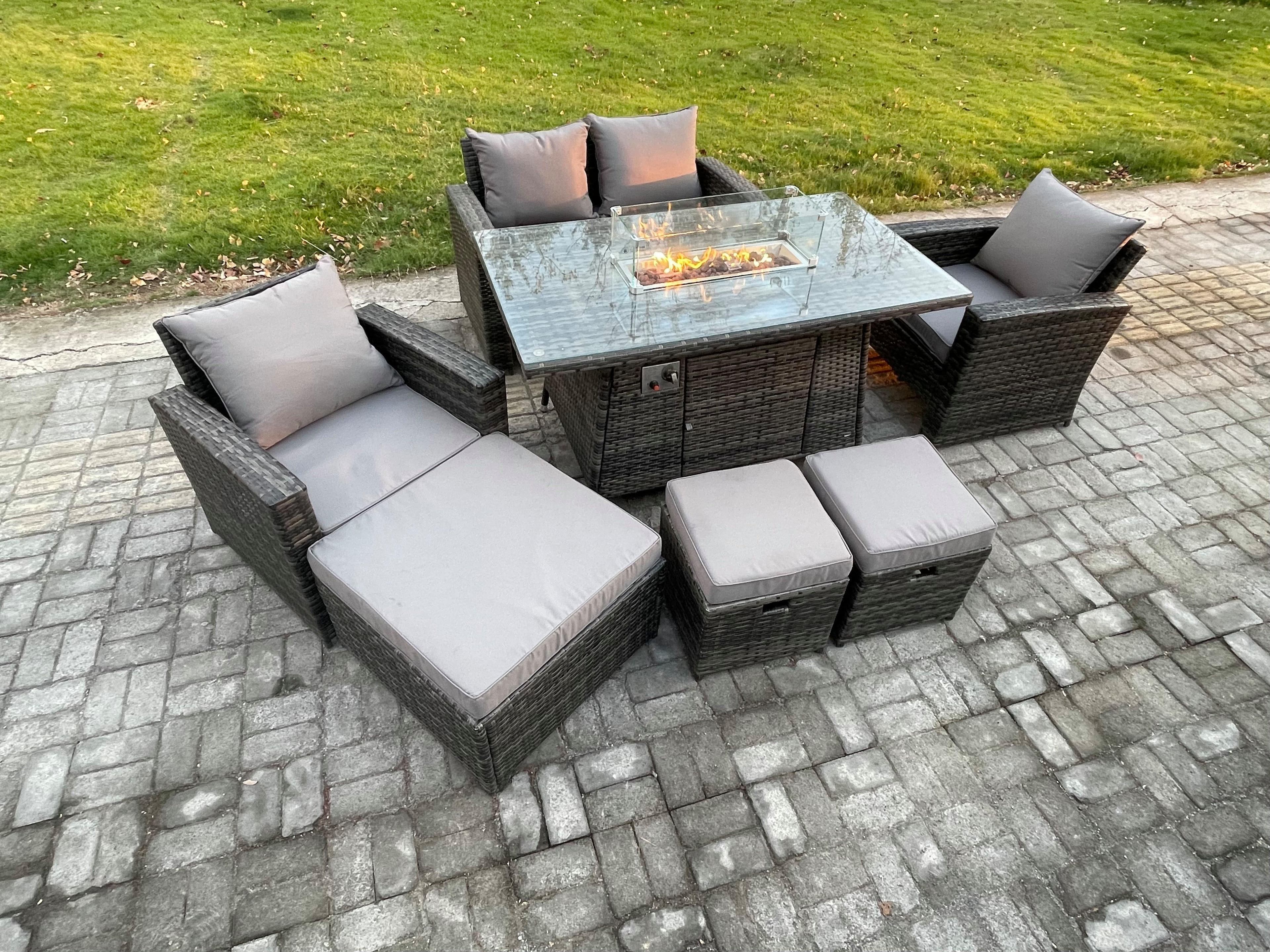 7 Seater Outdoor Rattan Sofa Set Garden Furniture Gas Firepit Dining Table Heater 3 Footstools
