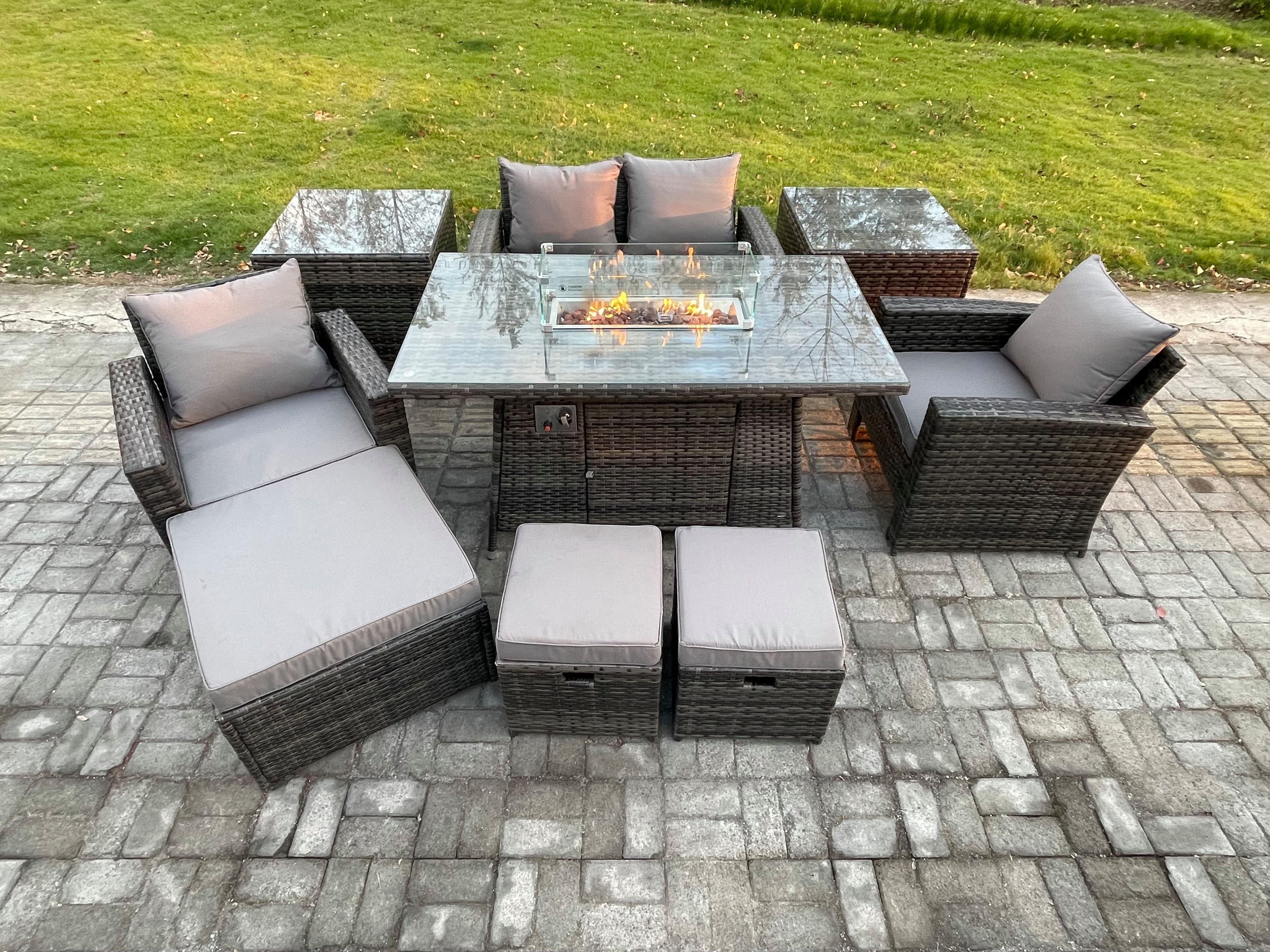 Outdoor Garden Dining Sets 7 Seater Rattan Patio Furniture Sofa Set Gas Firepit Table 3 Footstools 2 Side Table