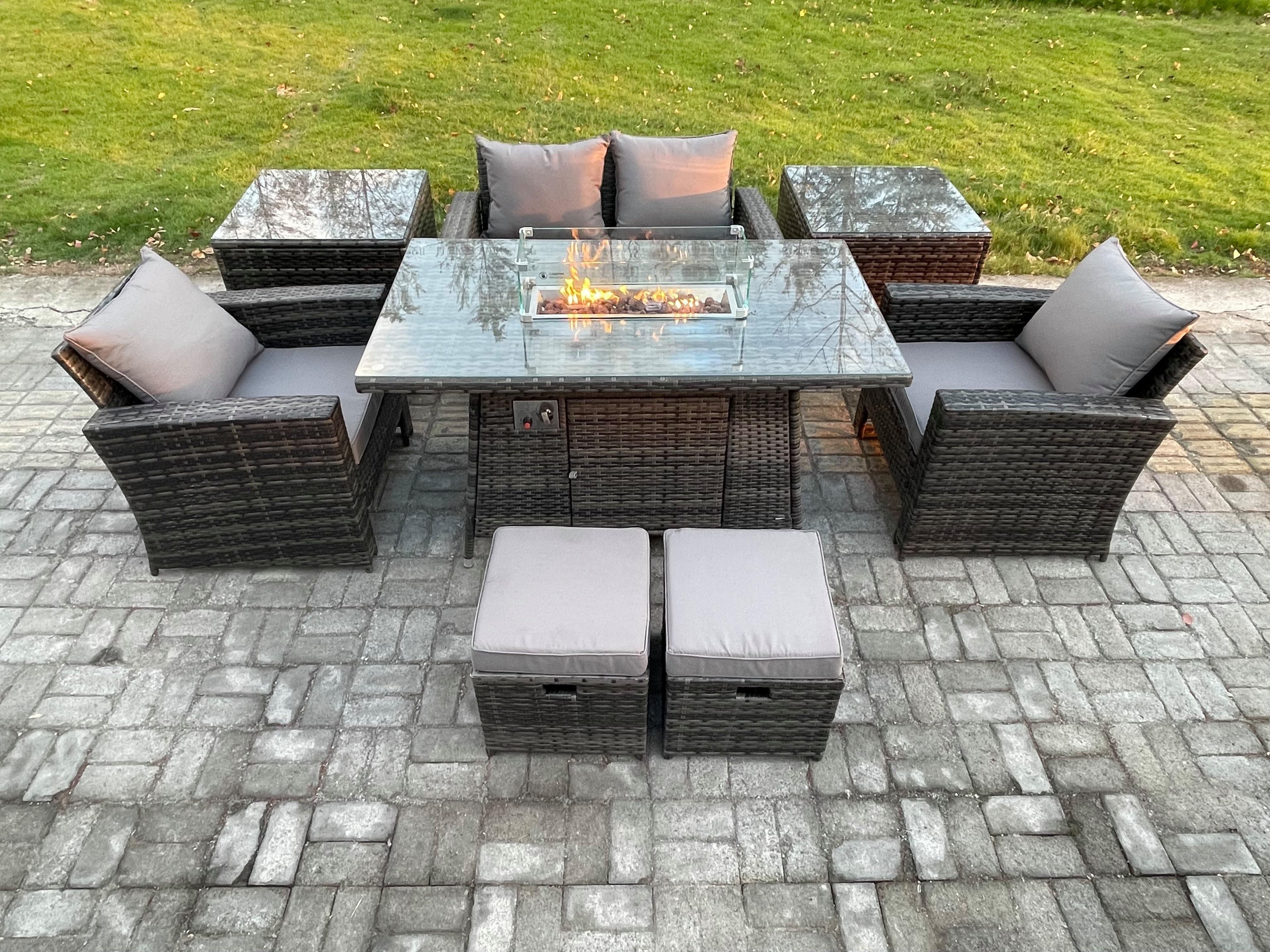 Outdoor Garden Dining Sets 6 Seater Rattan Patio Furniture Sofa Set Gas Firepit Table 2 Small Footstools