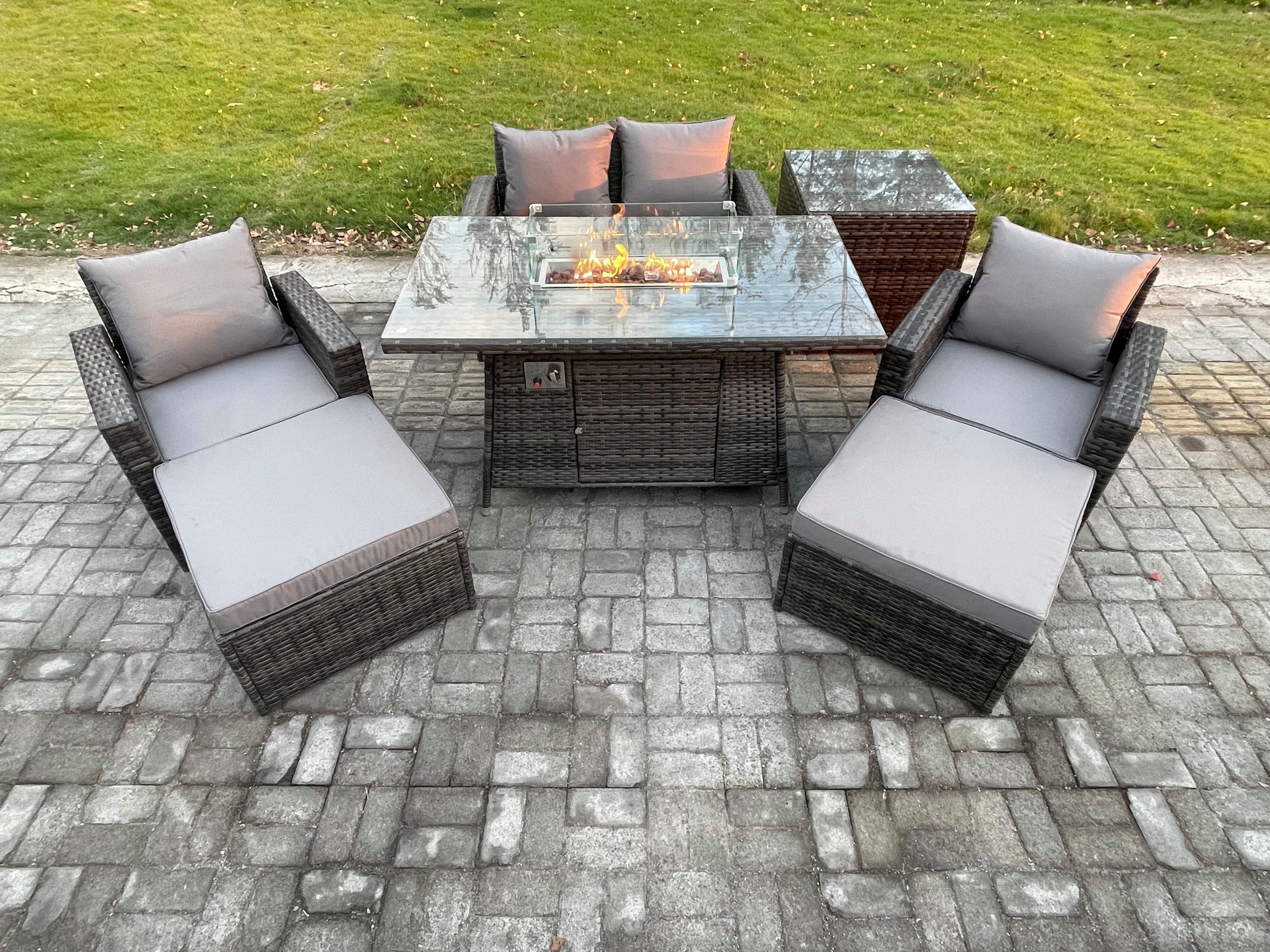 Outdoor Garden Dining Sets 6 Seater Rattan Patio Furniture Sofa Set Gas Firepit Table 2 Big Footstool
