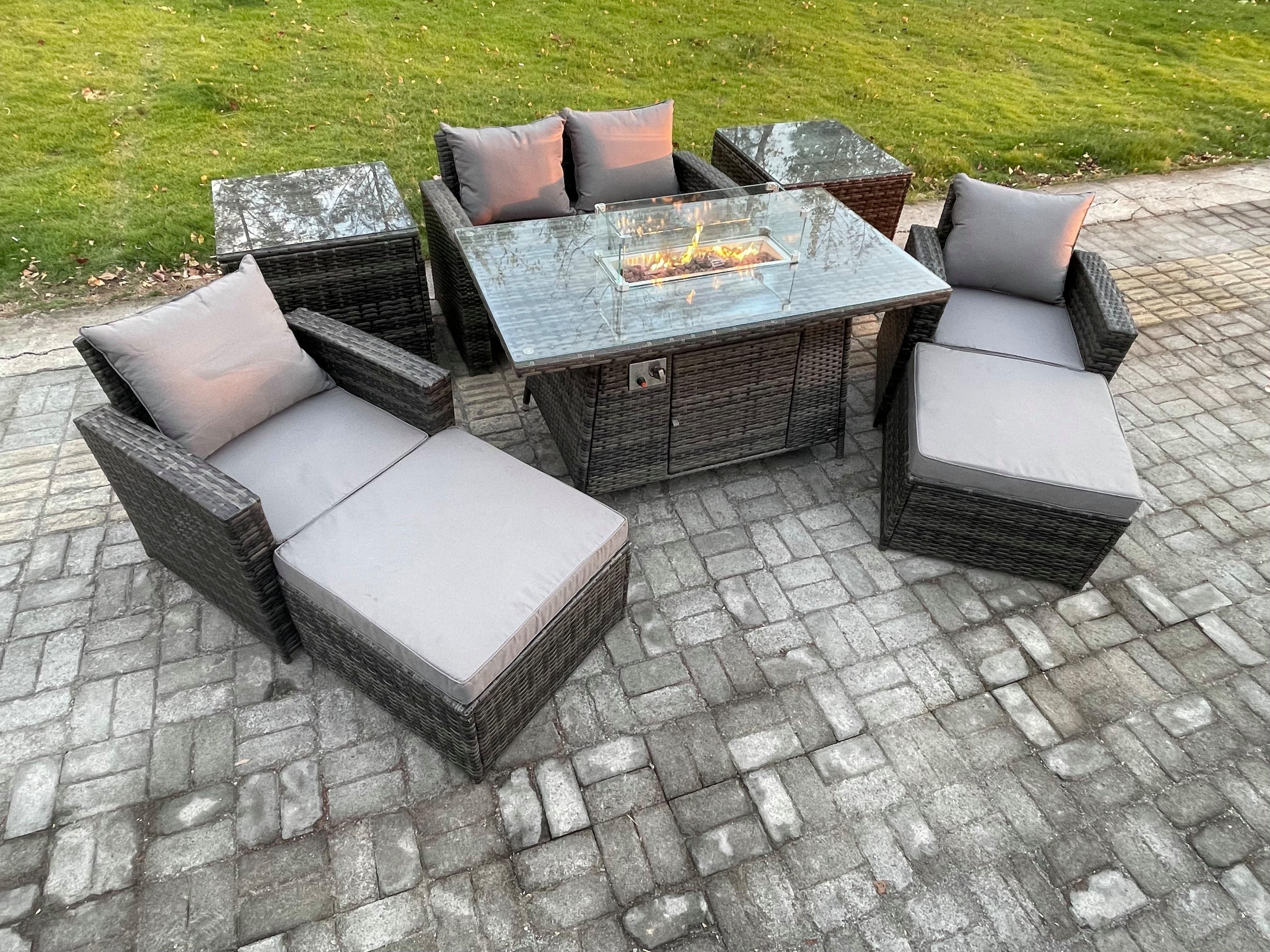 Outdoor Garden Dining Sets 6 Seater Rattan Patio Furniture Sofa Set Gas Firepit Table 2 Side Tables