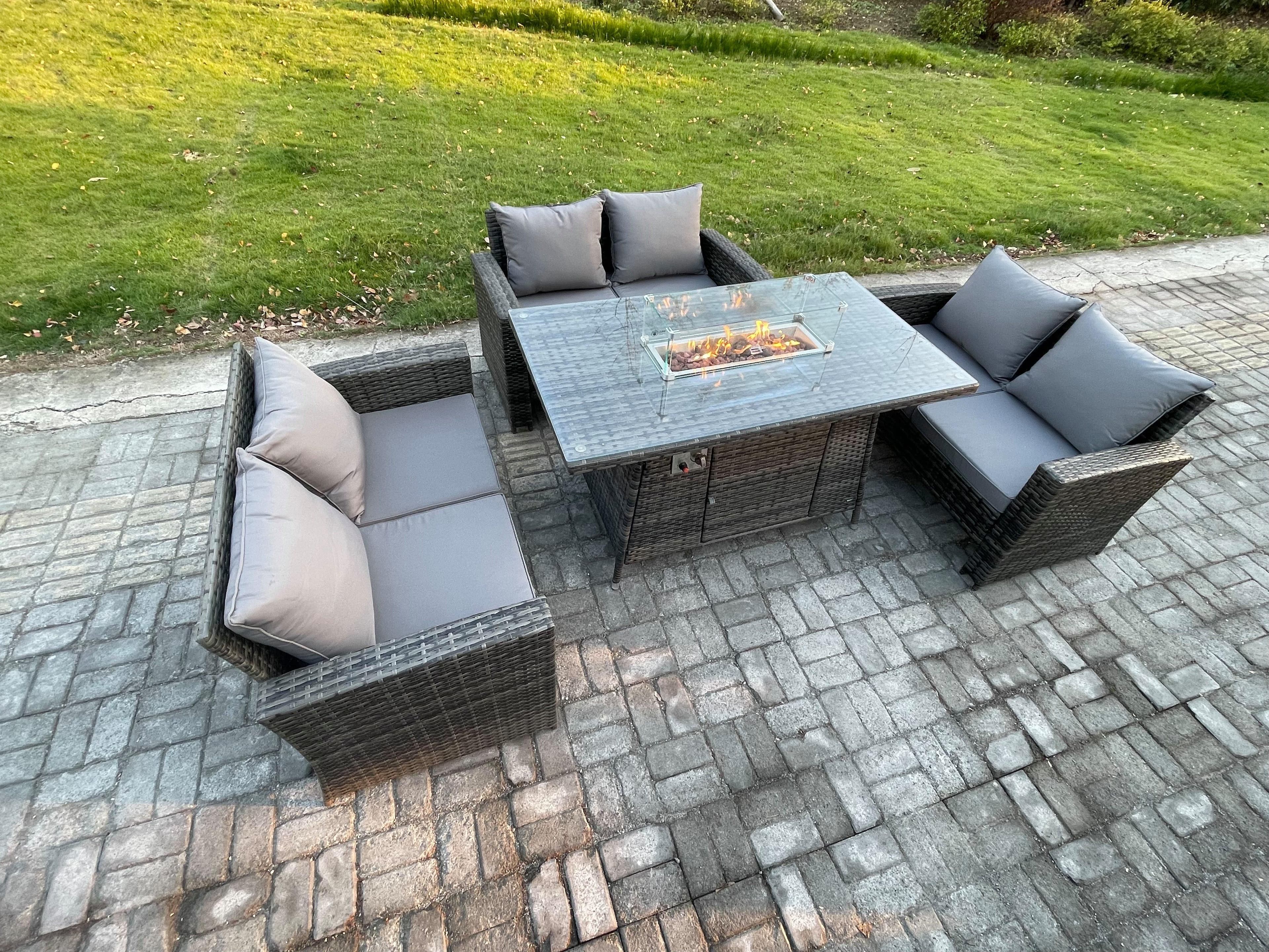 Outdoor Garden Dining Sets 6 Seater Rattan Patio Furniture Sofa Set Gas Firepit Table