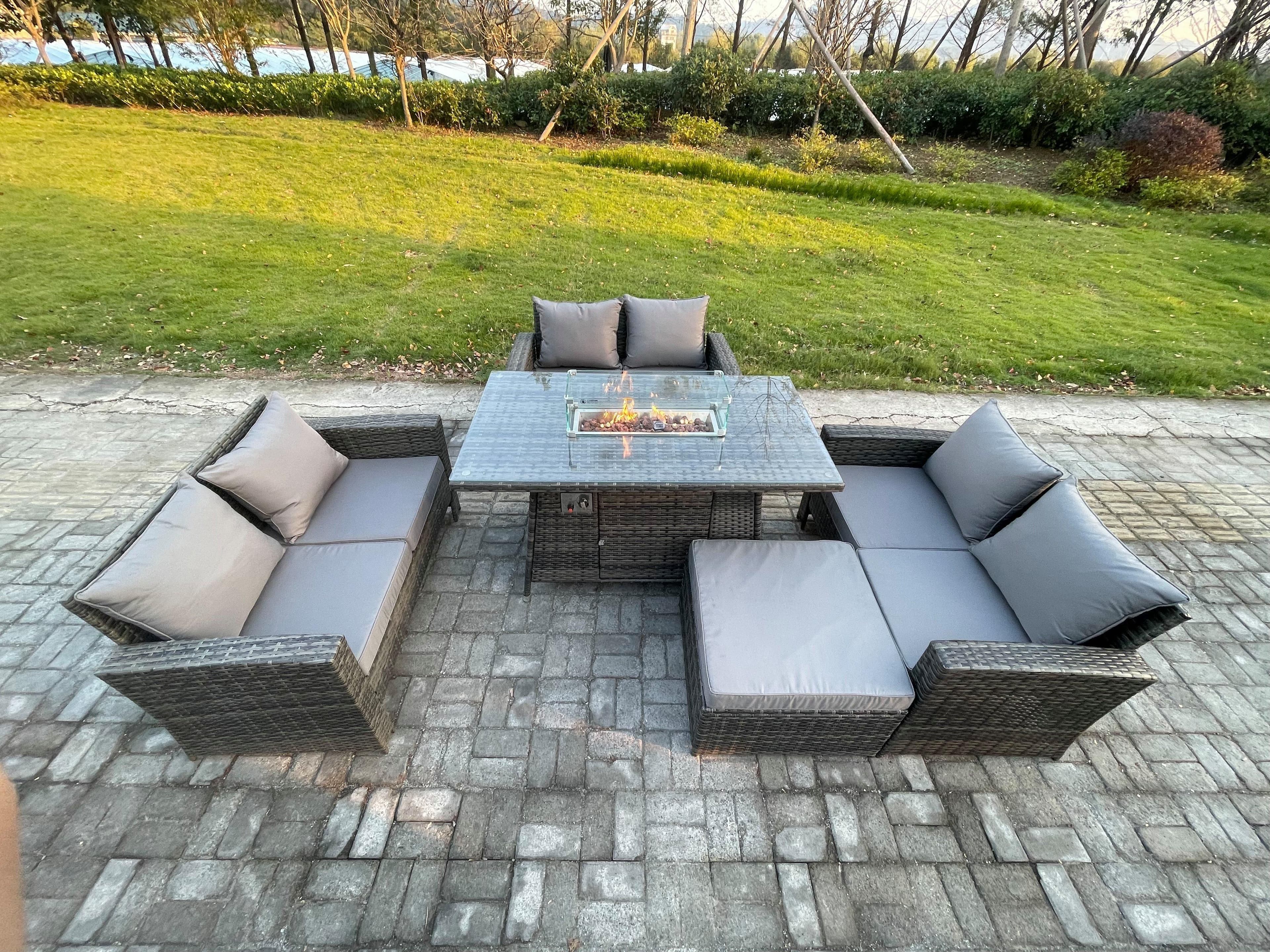 Outdoor Garden Dining Sets 7 Seater Rattan Patio Furniture Sofa Set Gas Firepit Table Double Seat Sofa Big Footstool