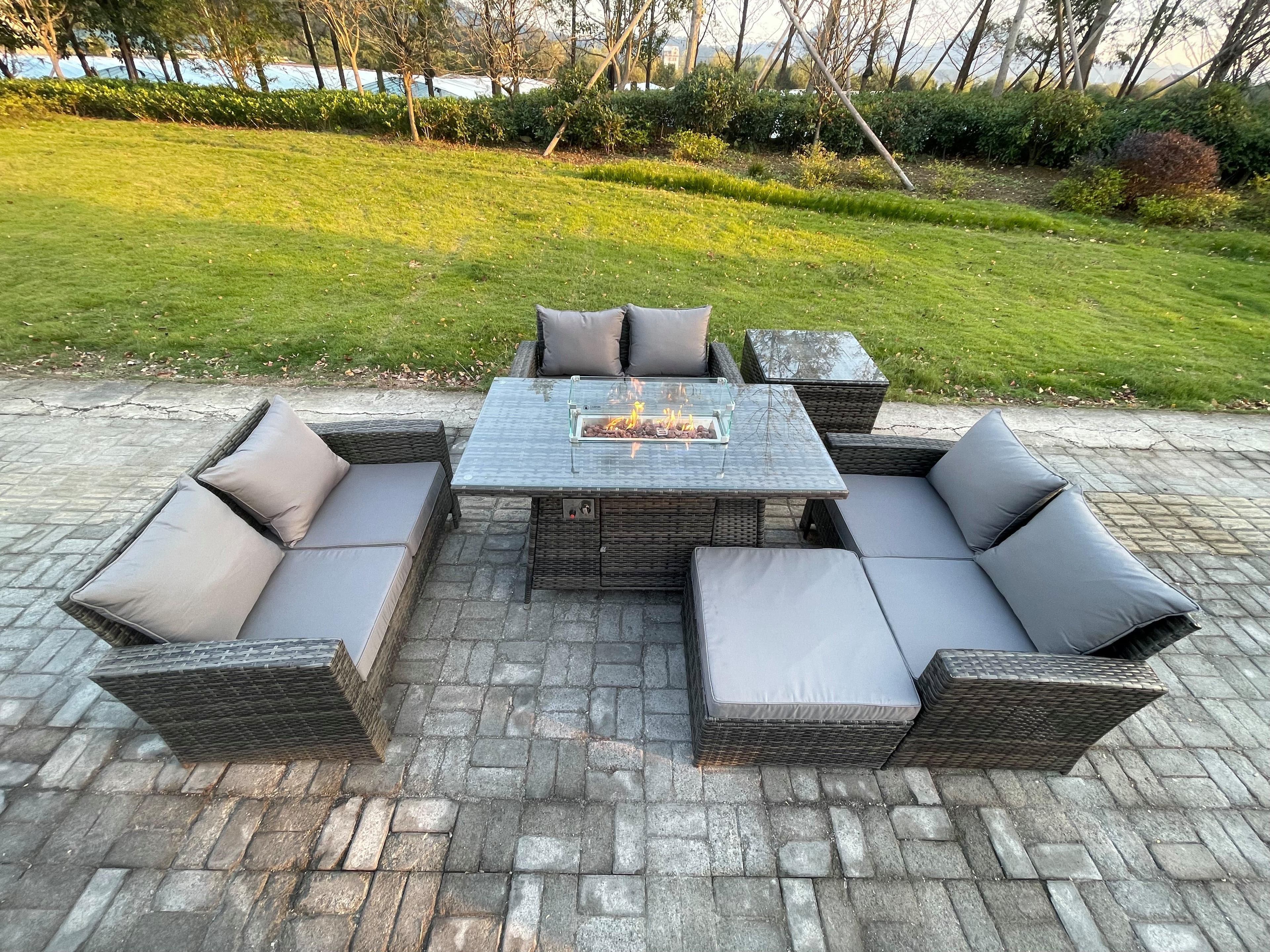 Outdoor Garden Dining Sets 7 Seater Rattan Patio Furniture Sofa Set Gas Firepit Table Double Seat Sofa Side Table