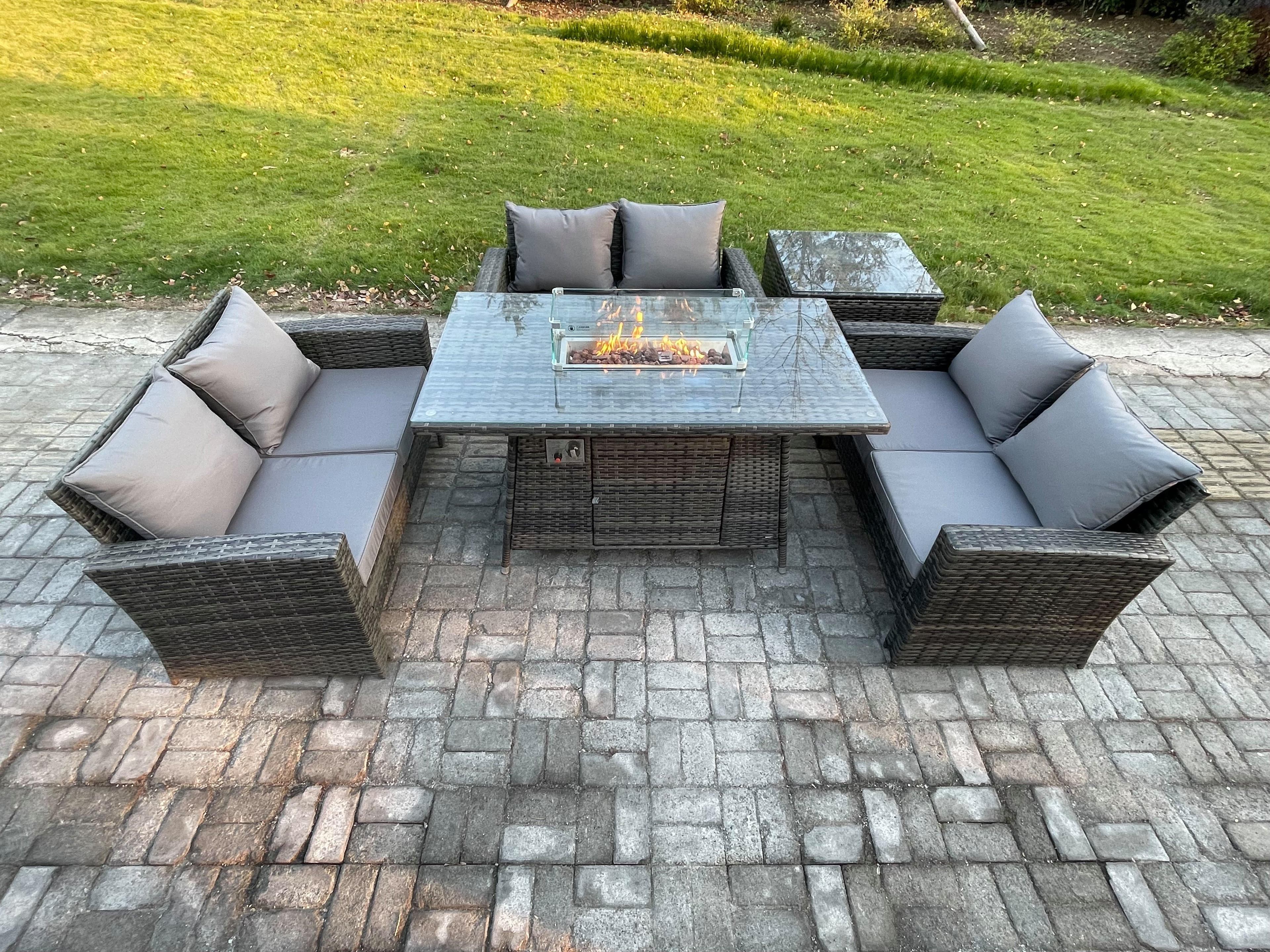 Outdoor Garden Dining Sets 6 Seater Rattan Patio Furniture Sofa Set Gas Firepit Table Double Seat Sofa Side Table